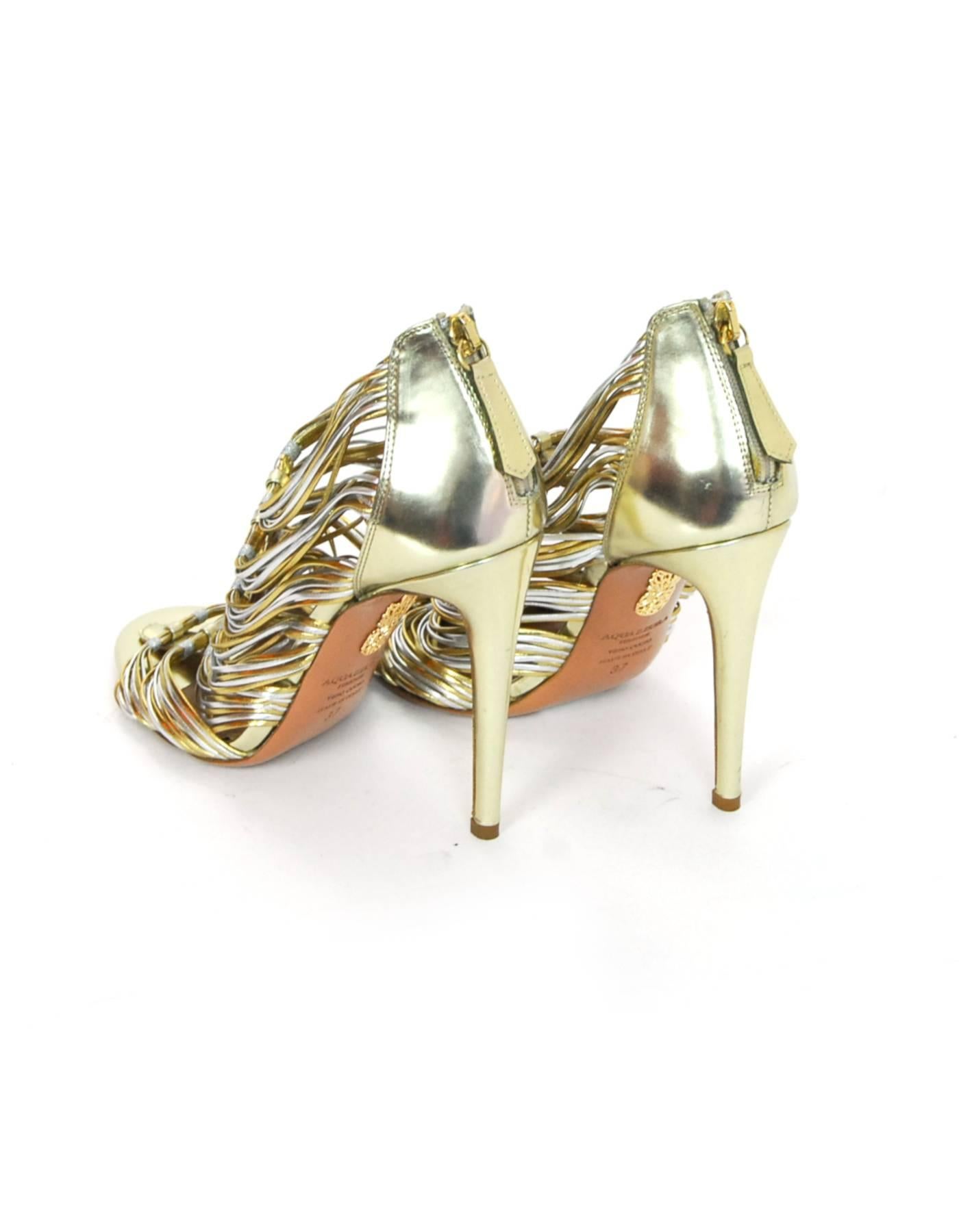Aquazzura Gold & Silver Xena 105 Sandals Sz 37 NEW In Excellent Condition In New York, NY