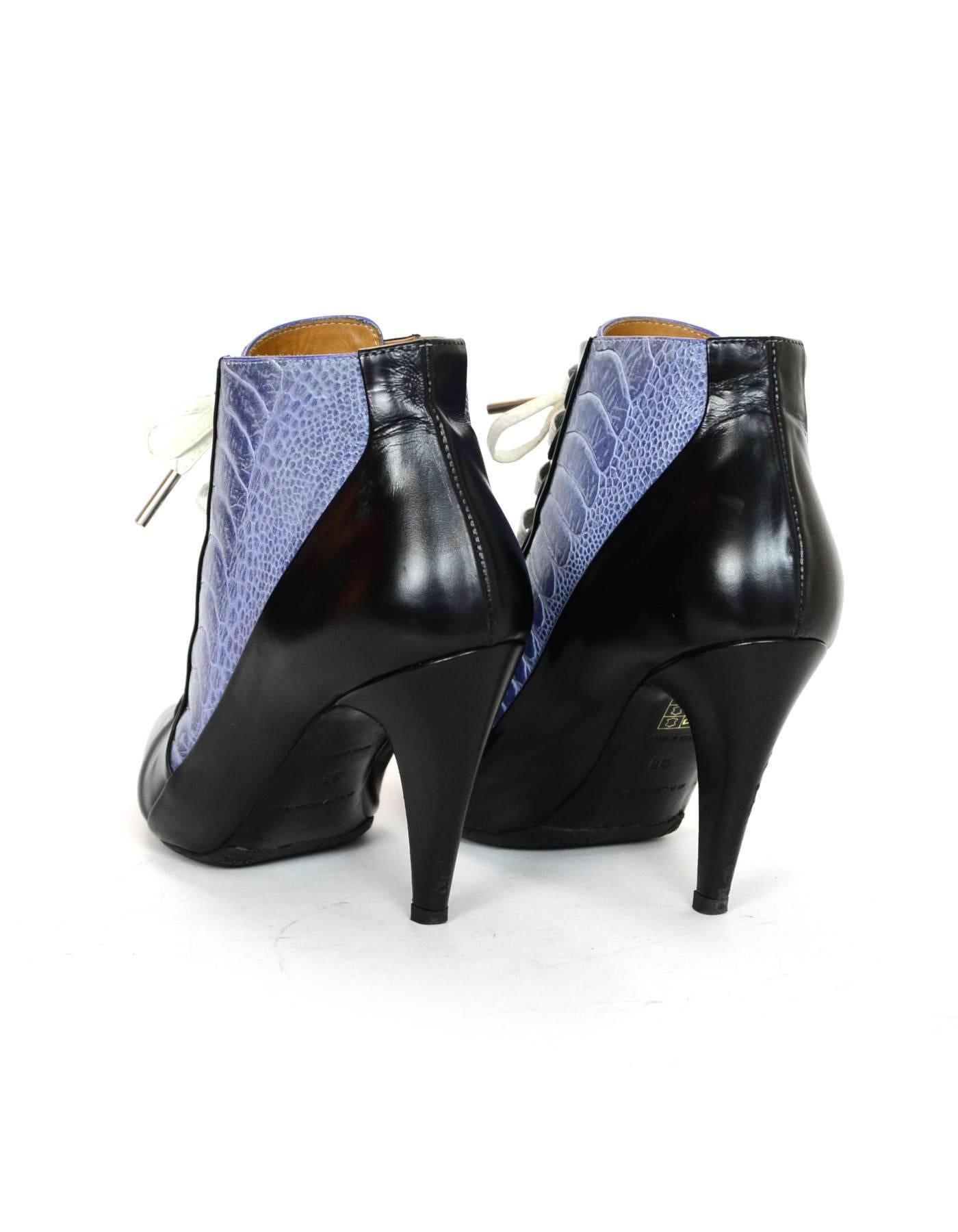 Women's Balenciaga Black Leather & Purple Ostrich Ankle Boots Sz 36