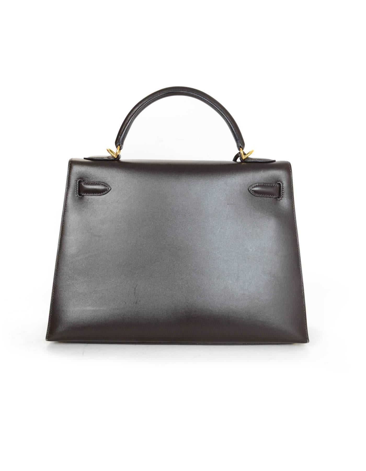 Black Hermes Brown Box Leather Sellier Rigid 32cm Kelly Bag w. Strap