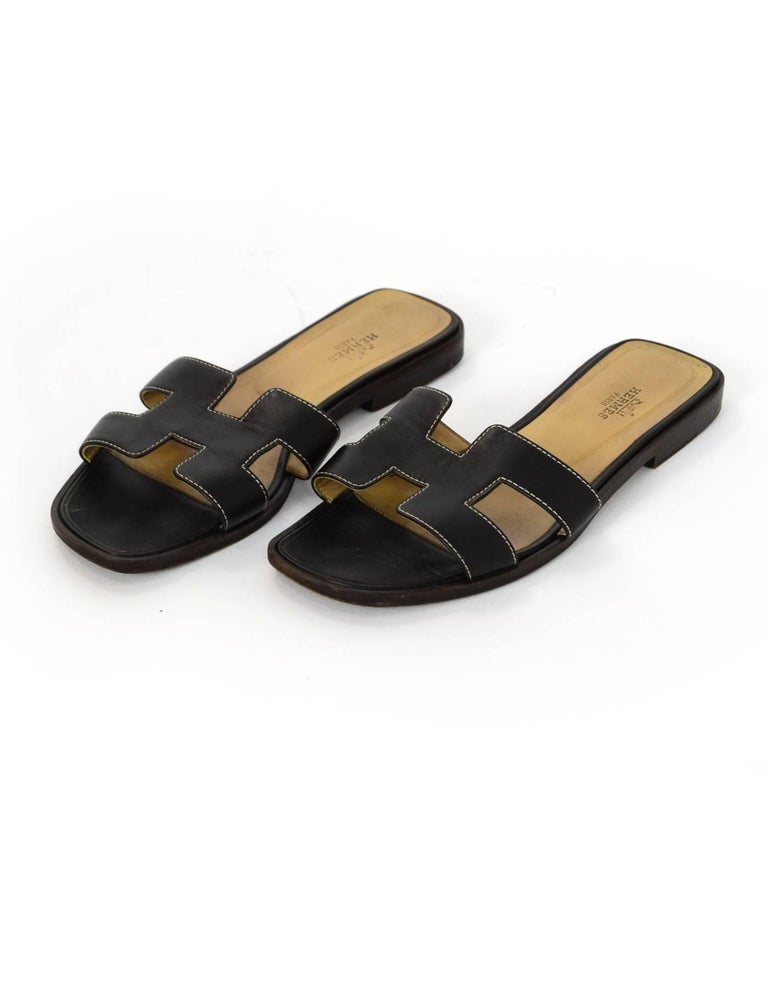 Hermes Brown Leather Oran H Sandals Sz 37 with DB For Sale at 1stDibs