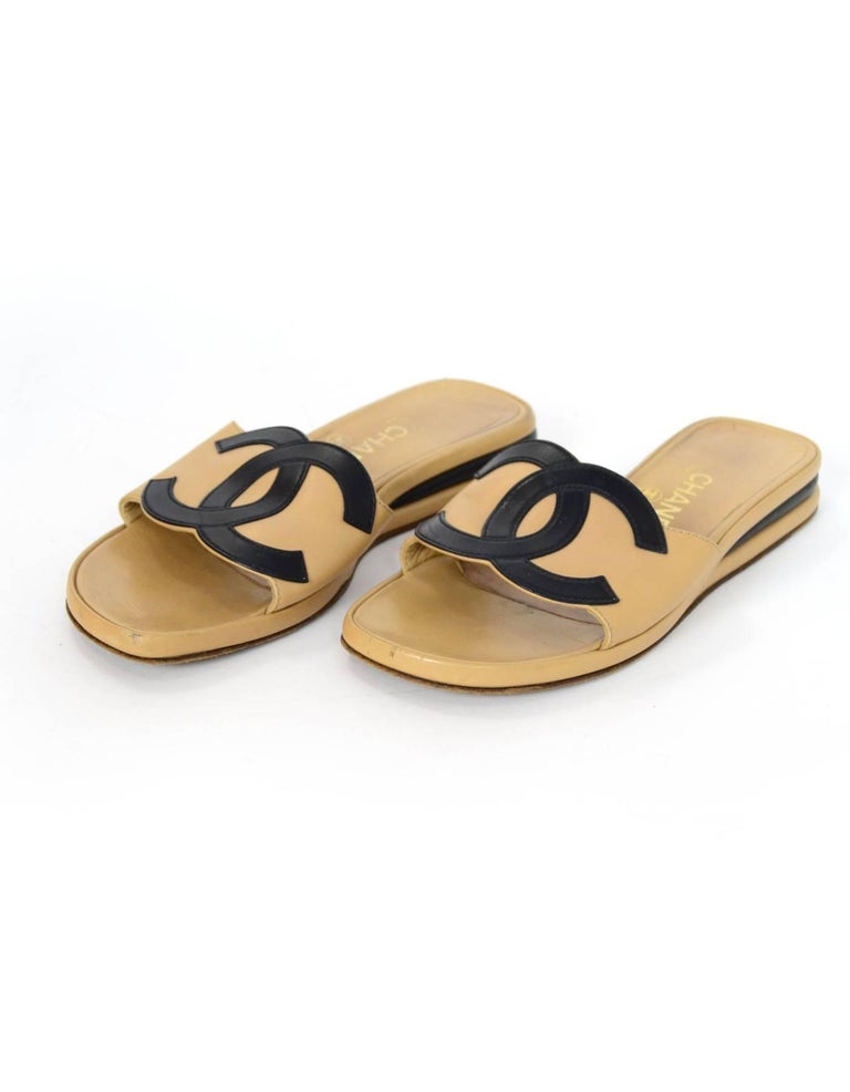 Chanel Beige and Black CC Slides Sz 37.5 with DB For Sale at 1stDibs | beige chanel slides