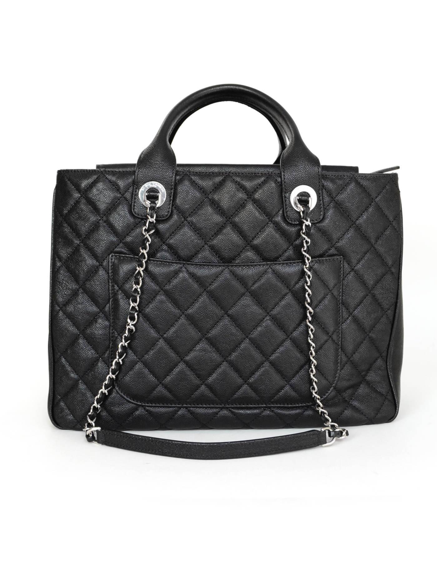 Chanel 2018 Black Quilted Caviar Shopping Satchel Bag with DB In Excellent Condition In New York, NY