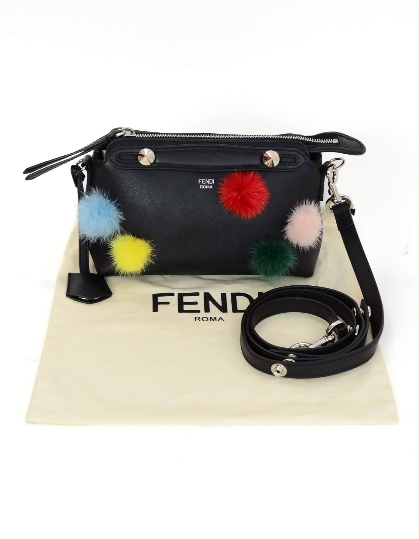 Fendi Black Leather & Mink Pom Pom Mini By The Way Crossbody Bag with Dust Bag 8