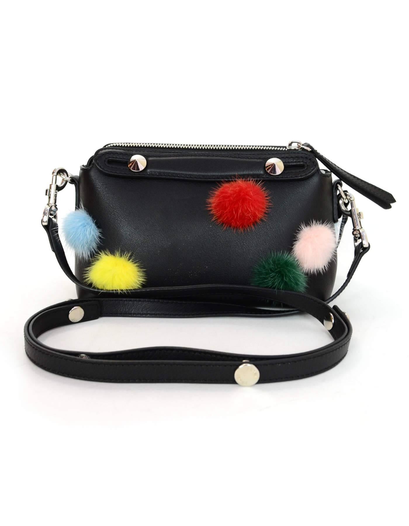 Fendi Black Leather & Mink Pom Pom Mini By The Way Crossbody Bag with Dust Bag In Excellent Condition In New York, NY