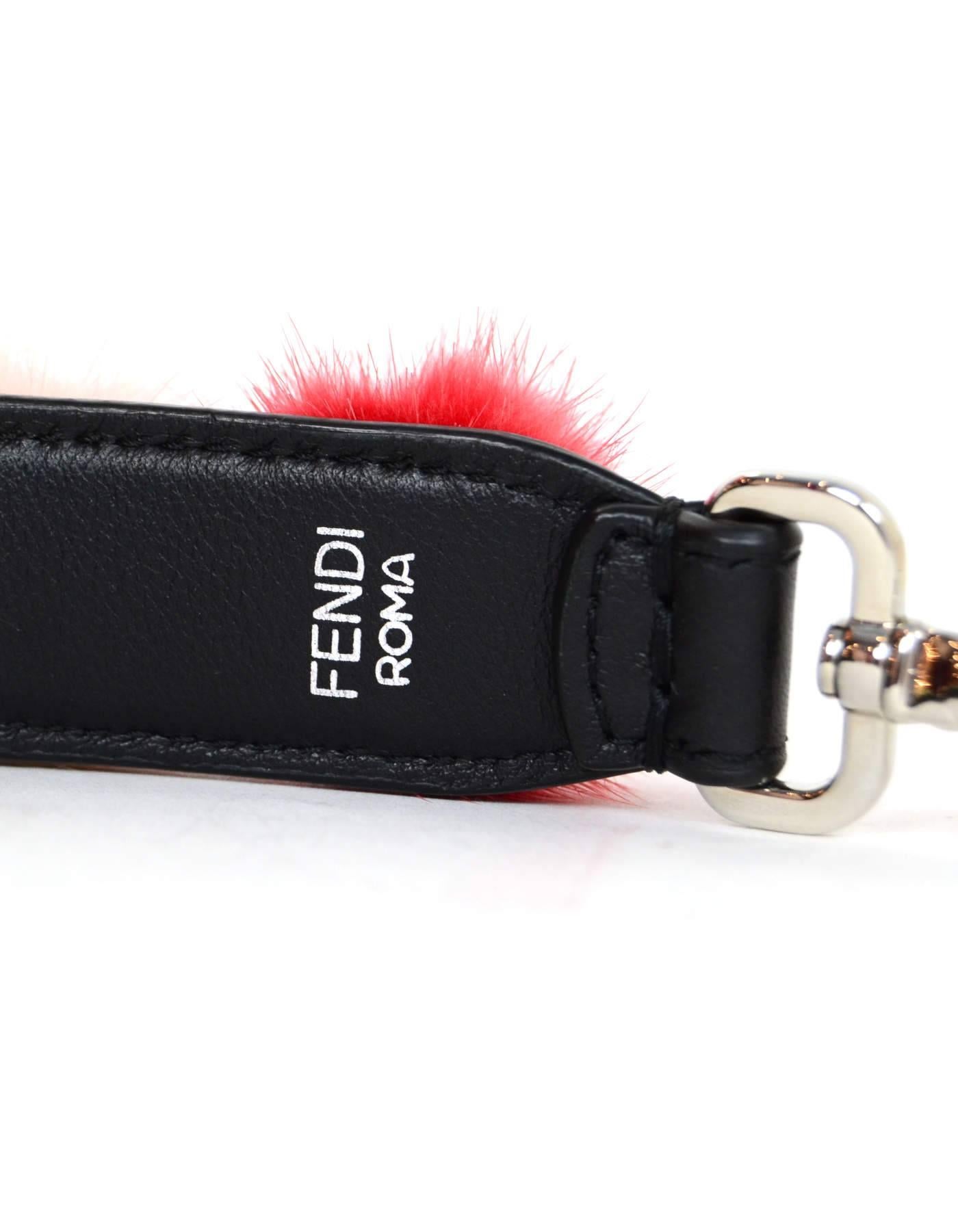 Beige Fendi Black Leather & Mink Pom Pom Strap You Bag Strap