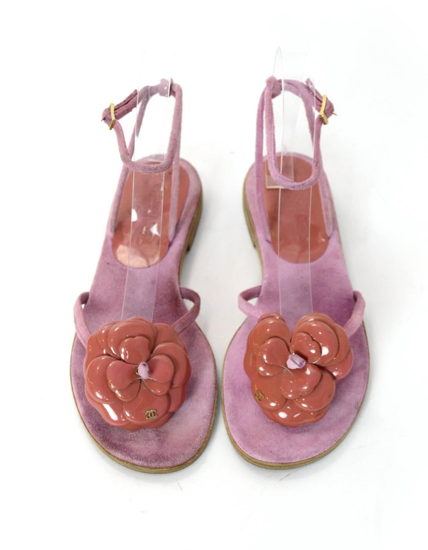 Beige Chanel Pink Suede Camellia Sandals Sz 37.5