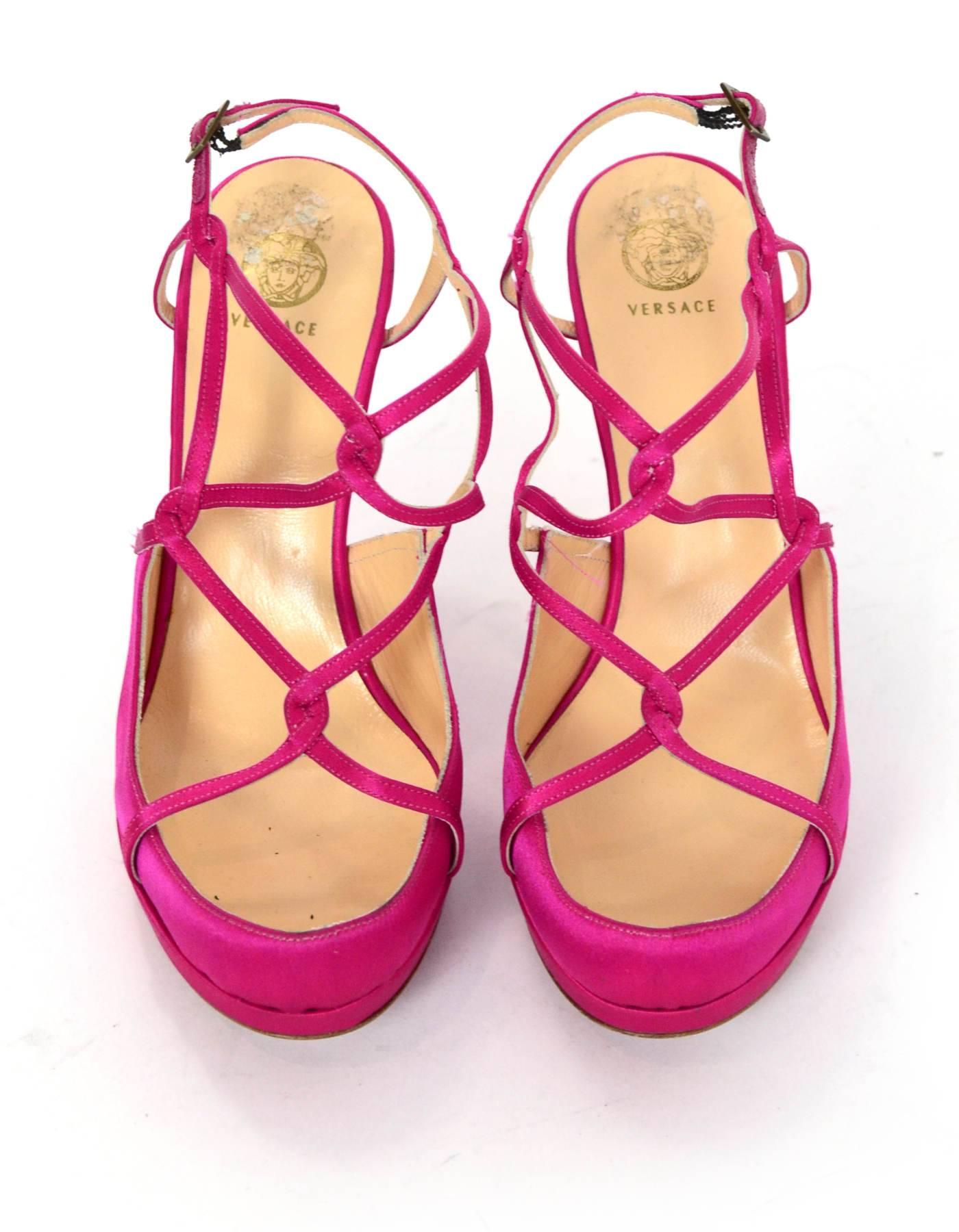 Versace Pink Satin Strappy Sandals Sz 37 In Excellent Condition In New York, NY