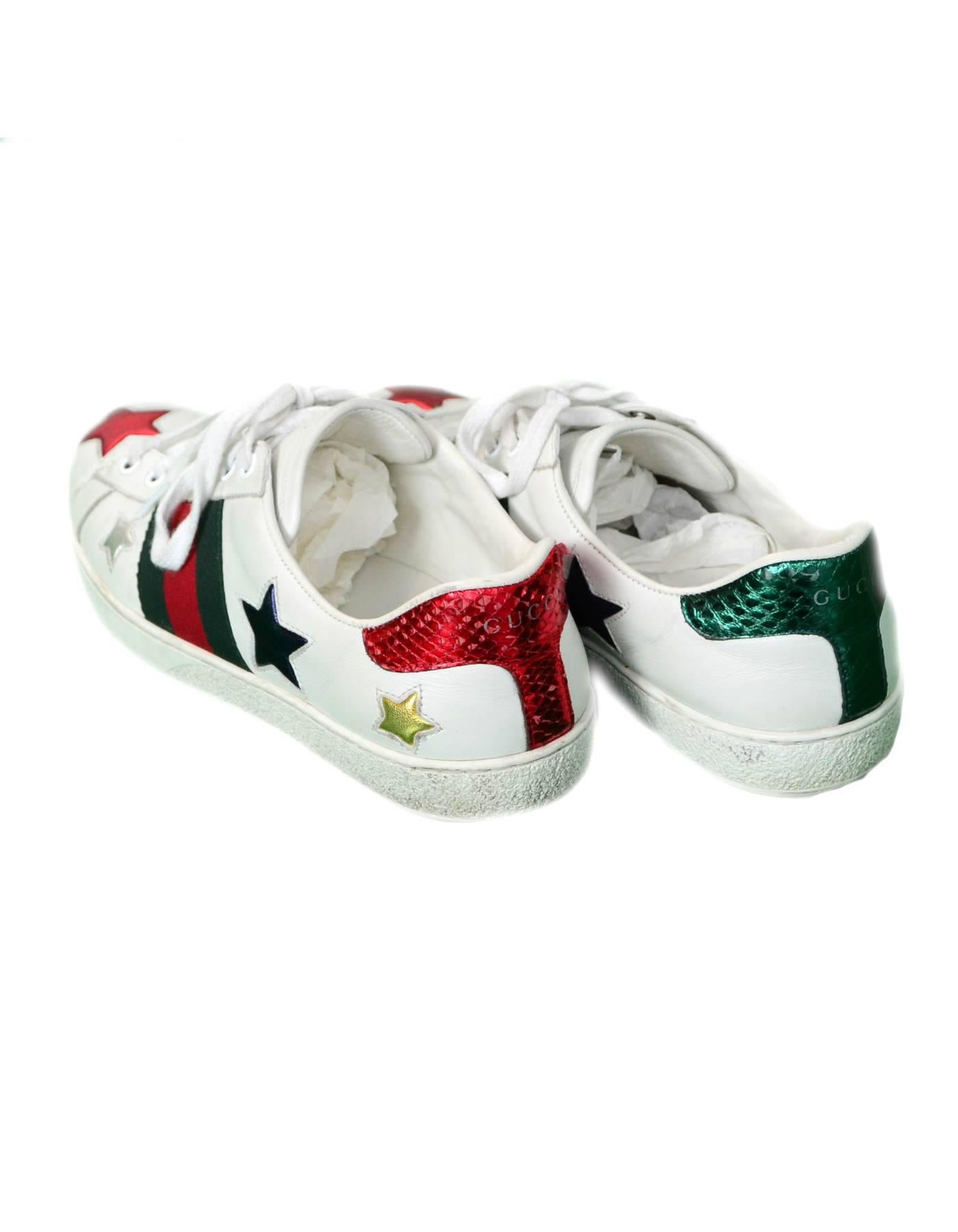 Gray Gucci Men's Ace White Leather & Metallic Star Sneakers Sz 7.5