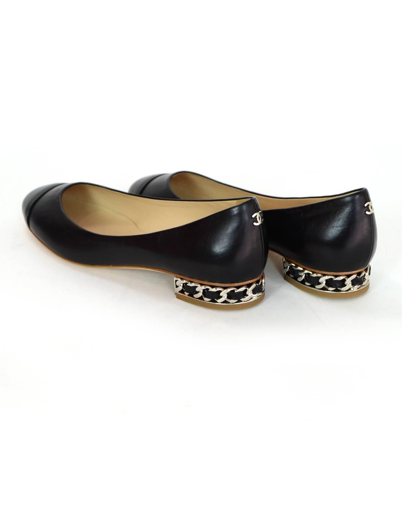Women's Chanel Black Leather Flats with Chain Heels Sz 39 NIB