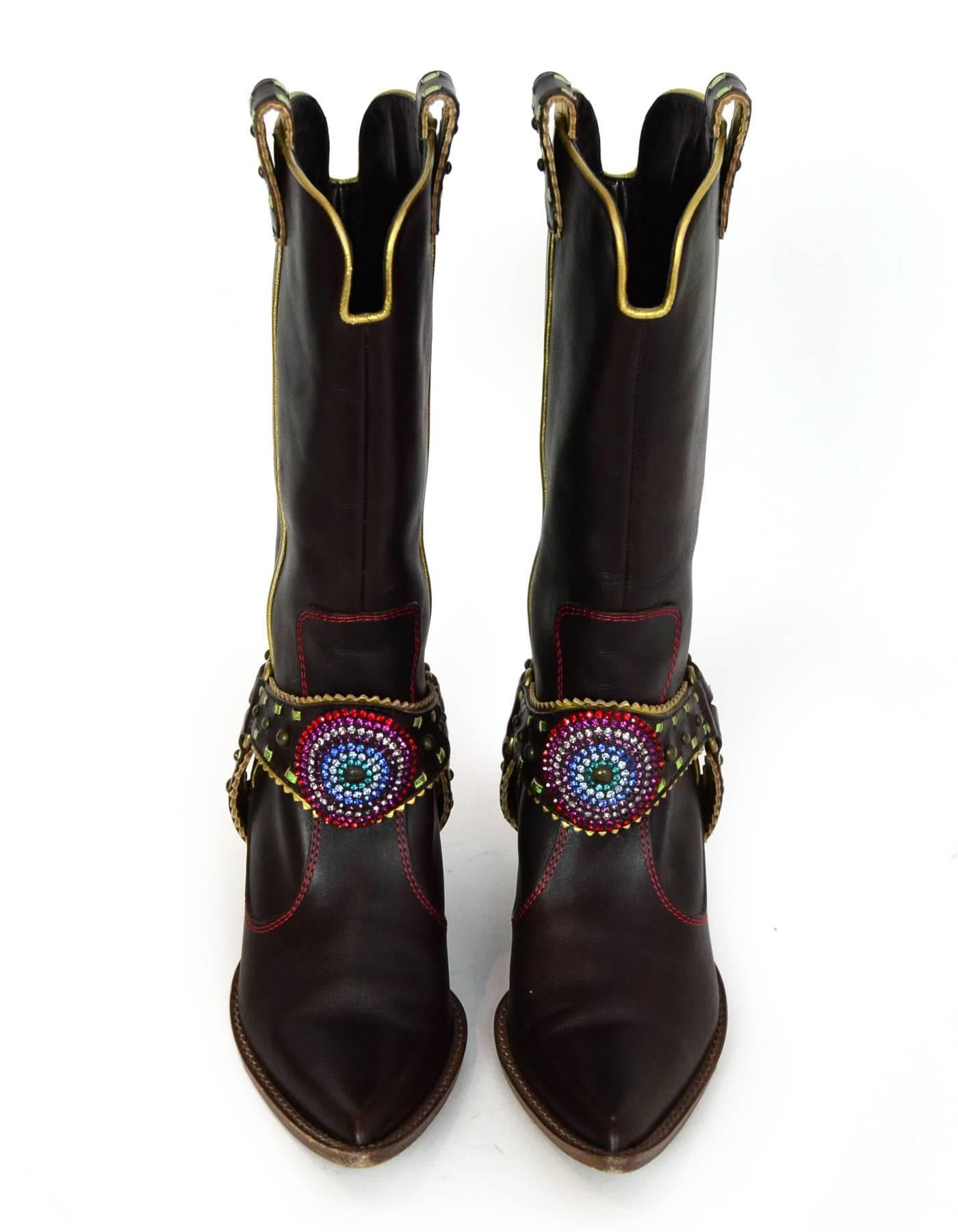 Black Giuseppe Zanotti Brown & Green Crystal Boots Sz 37