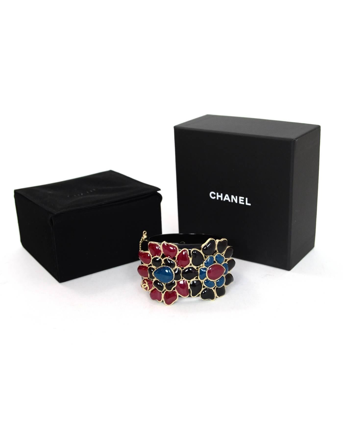 Chanel Black Resin & Glass Flowers Cuff Bracelet w. Box & Dust Bag 2