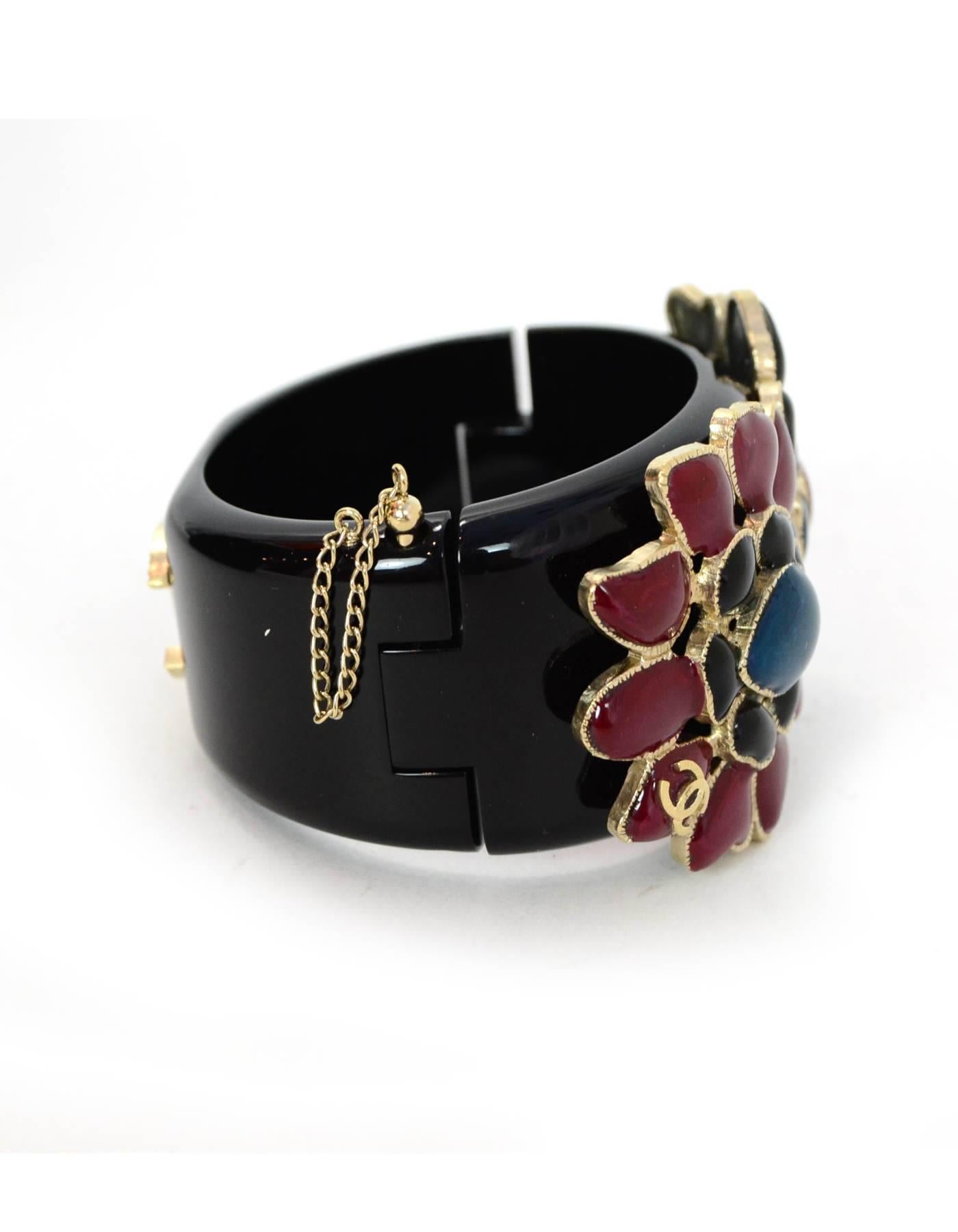 Chanel Black Resin & Glass Flowers Cuff Bracelet w. Box & Dust Bag In Excellent Condition In New York, NY