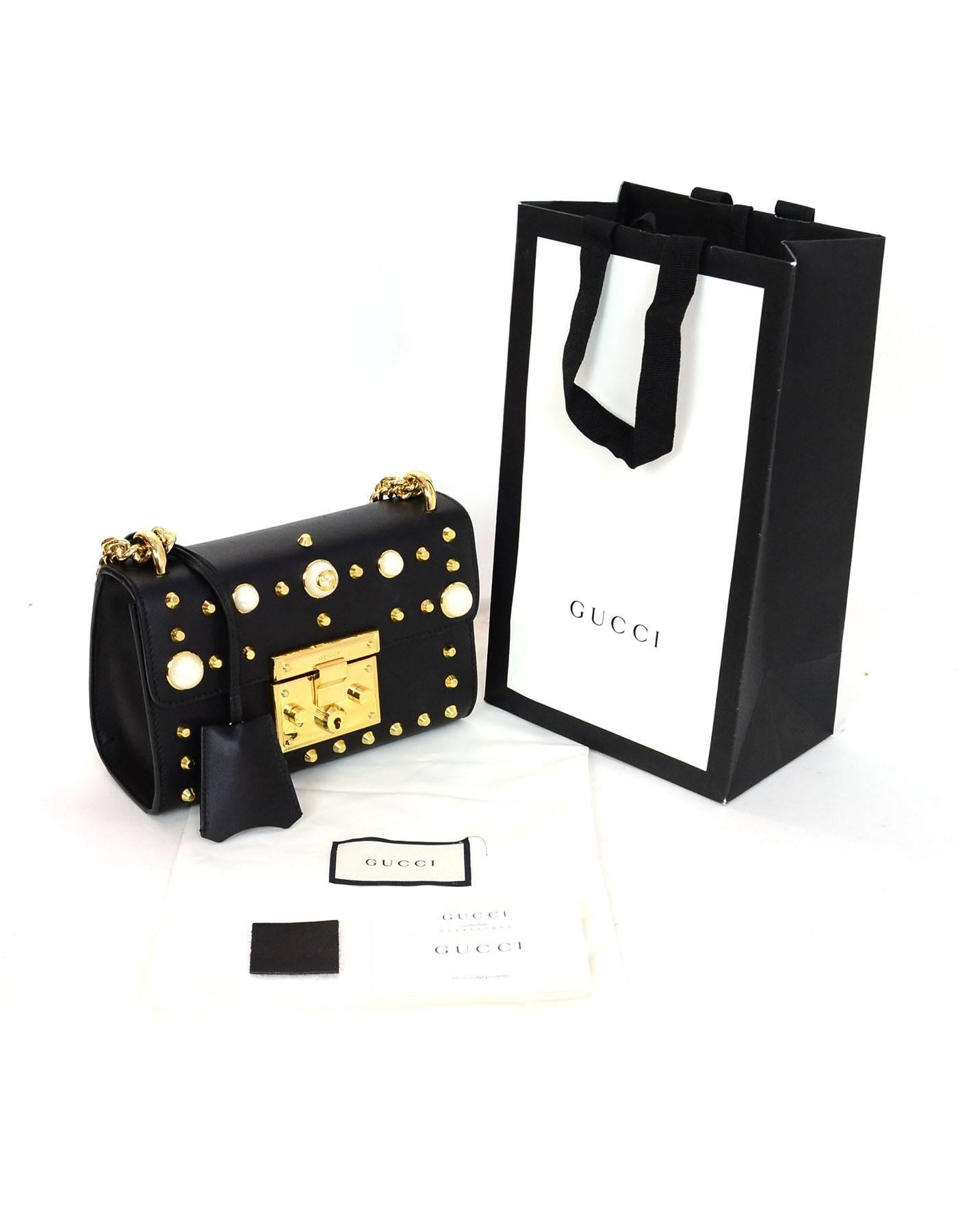 Gucci Black Leather & Faux Pearl Studded Padlock Shoulder Bag w. Dust Bag 2