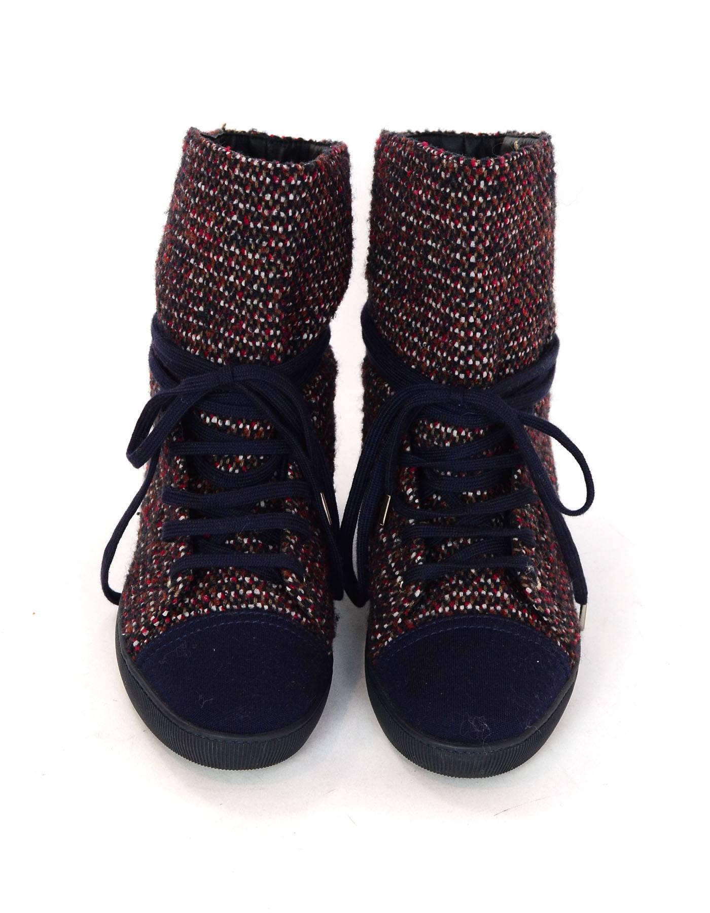 Black Chanel Red & Blue Tweed Cap-Toe Sneaker Boots Sz 38