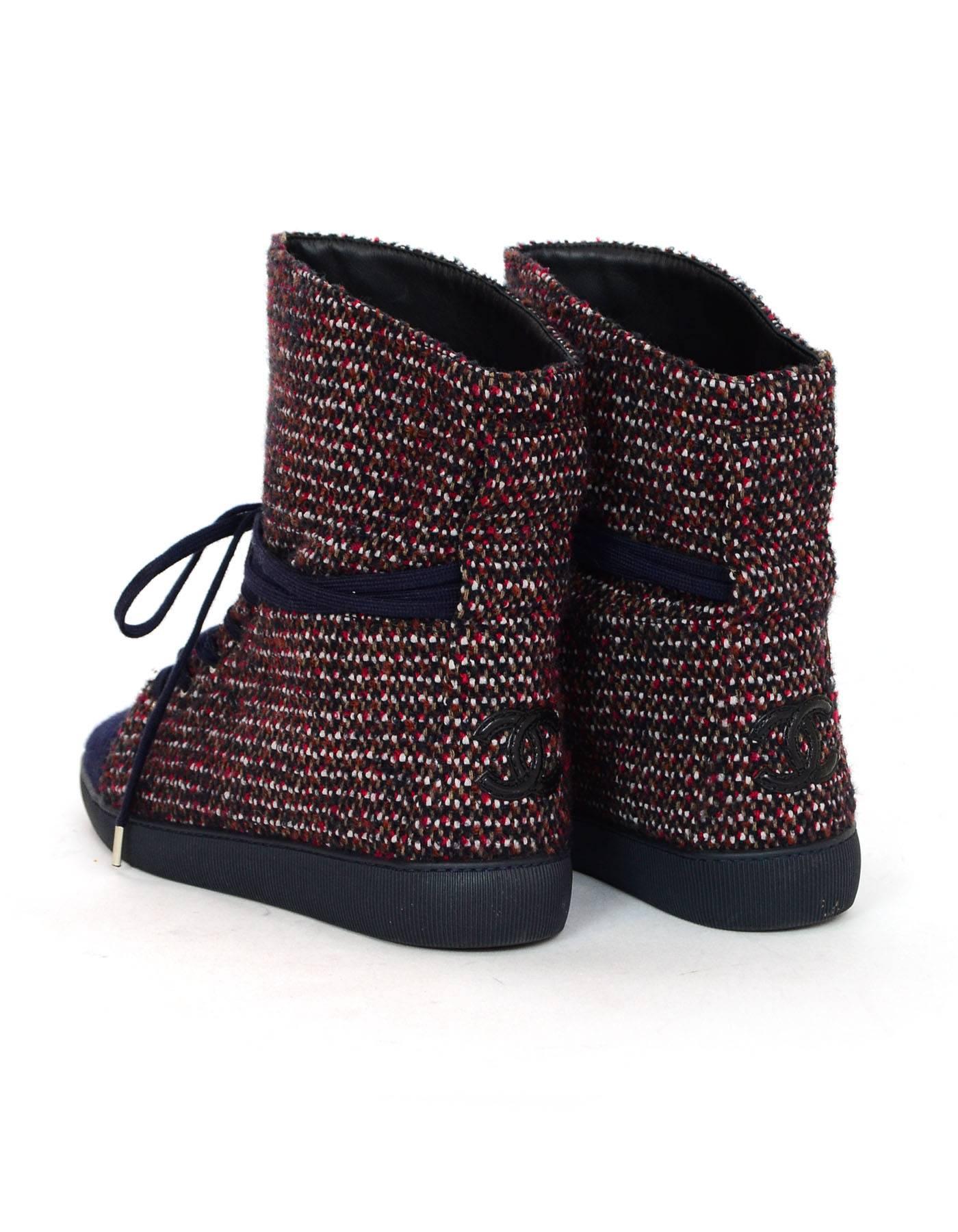 Chanel Red & Blue Tweed Cap-Toe Sneaker Boots Sz 38 In Excellent Condition In New York, NY