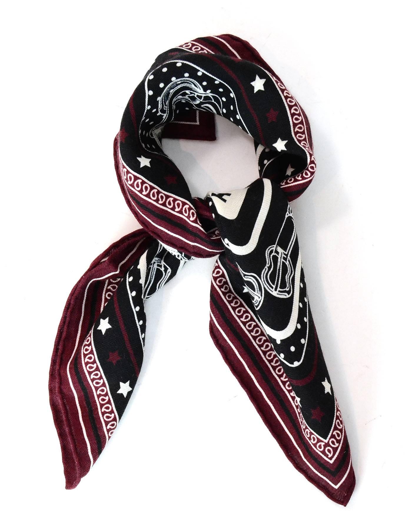 Hermes Coaching Bandana Cashmere & Silk 55cm Scarf NIB

Made In: France
Color: Black, burgundy
Composition: 70% cashmere, 30% silk
Retail Price: $260 + tax
Overall Condition: Excellent pre-owned condition - NIB
Included: Hermes box,