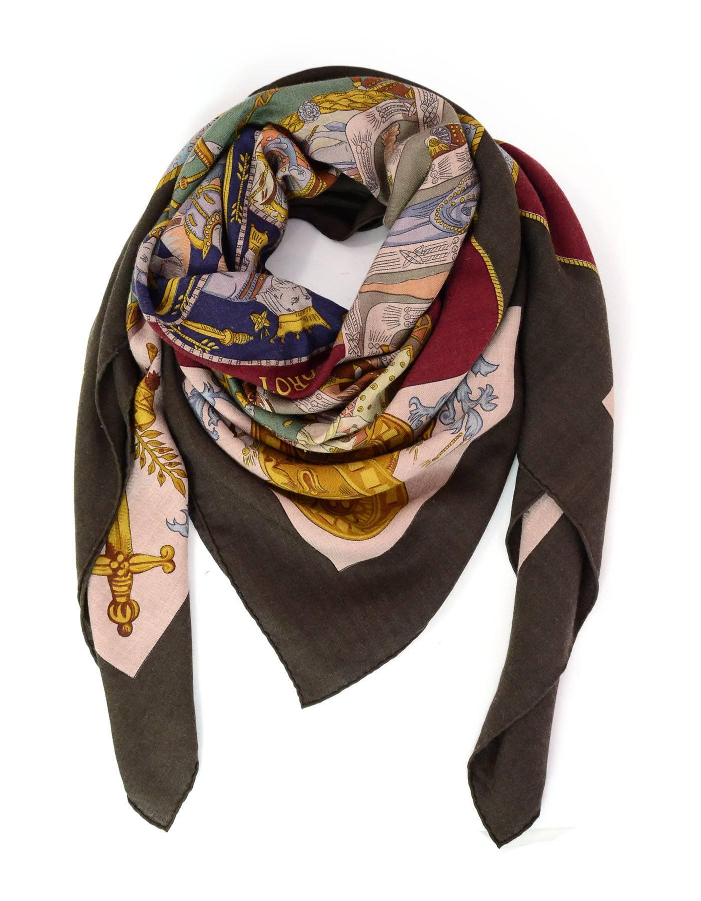 Hermes Le Tarot Card Cashmere & Silk 140cm Shawl

Made In: France
Color: Brown
Composition: 65% cashmere, 35% silk
Retail Price: $1,100 + tax
Overall Condition: Excellent pre-owned condition

Measurements:
Length: 52