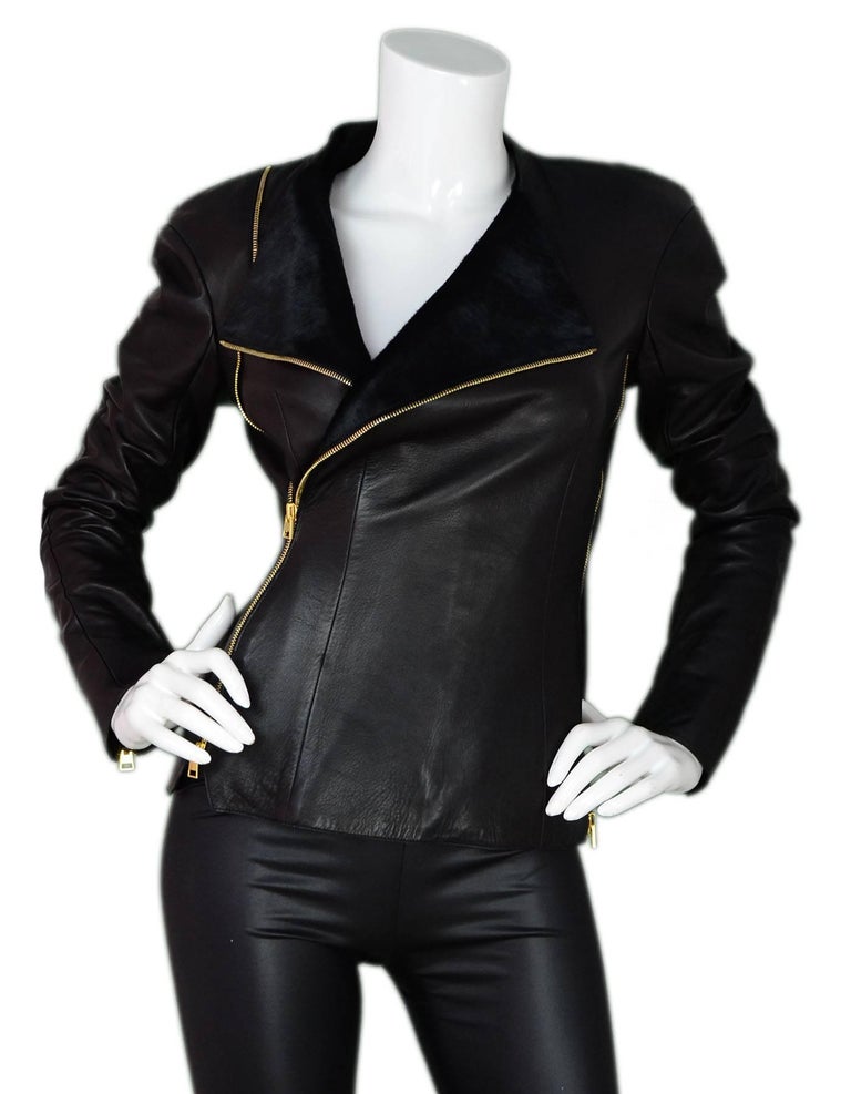 Tom Ford Black Leather and Calf Hair Jacket Sz IT 38 For ...