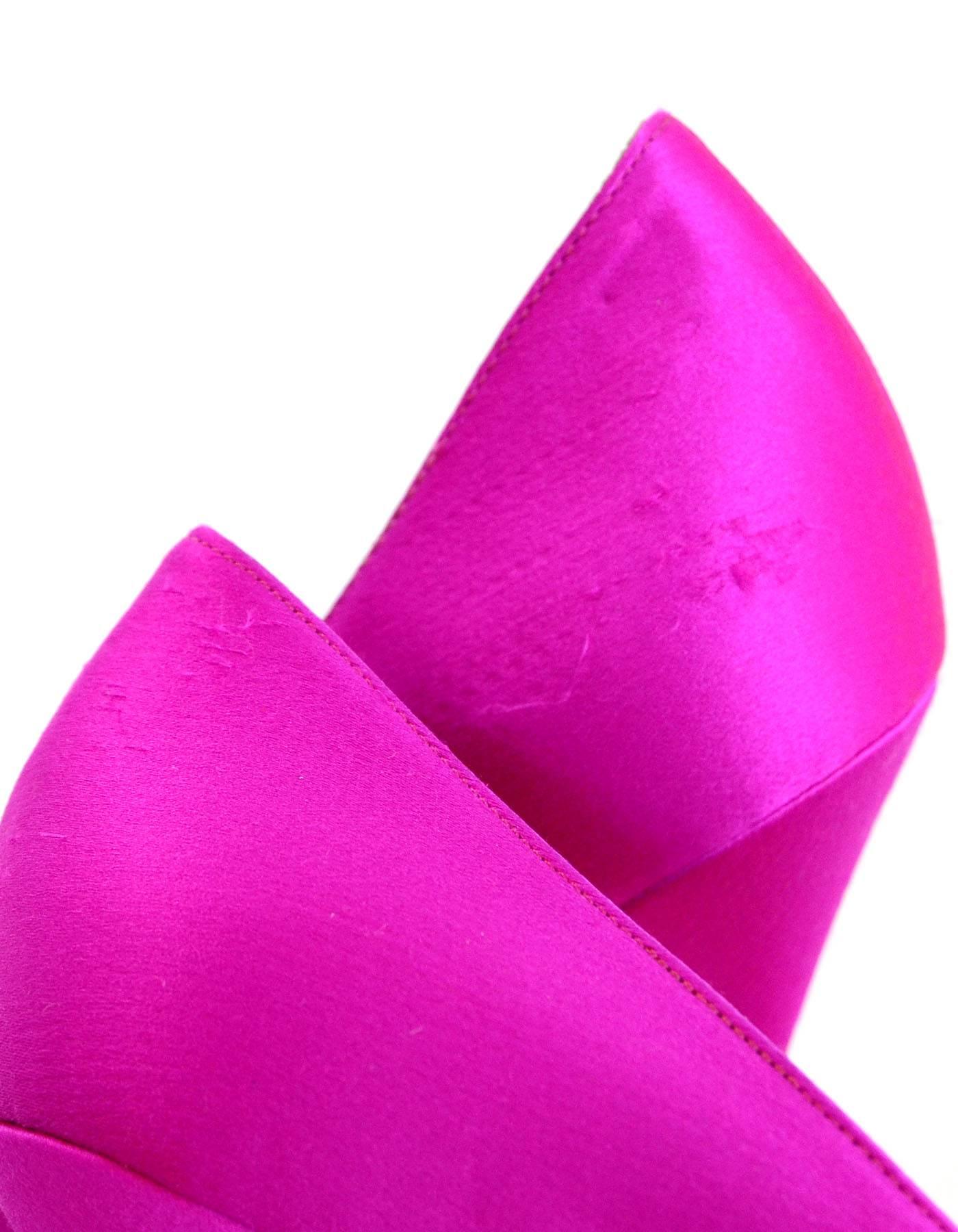 Manolo Blahnik Neon Pink Satin Hangisi 115mm Pumps Sz 38 with DB In Excellent Condition In New York, NY