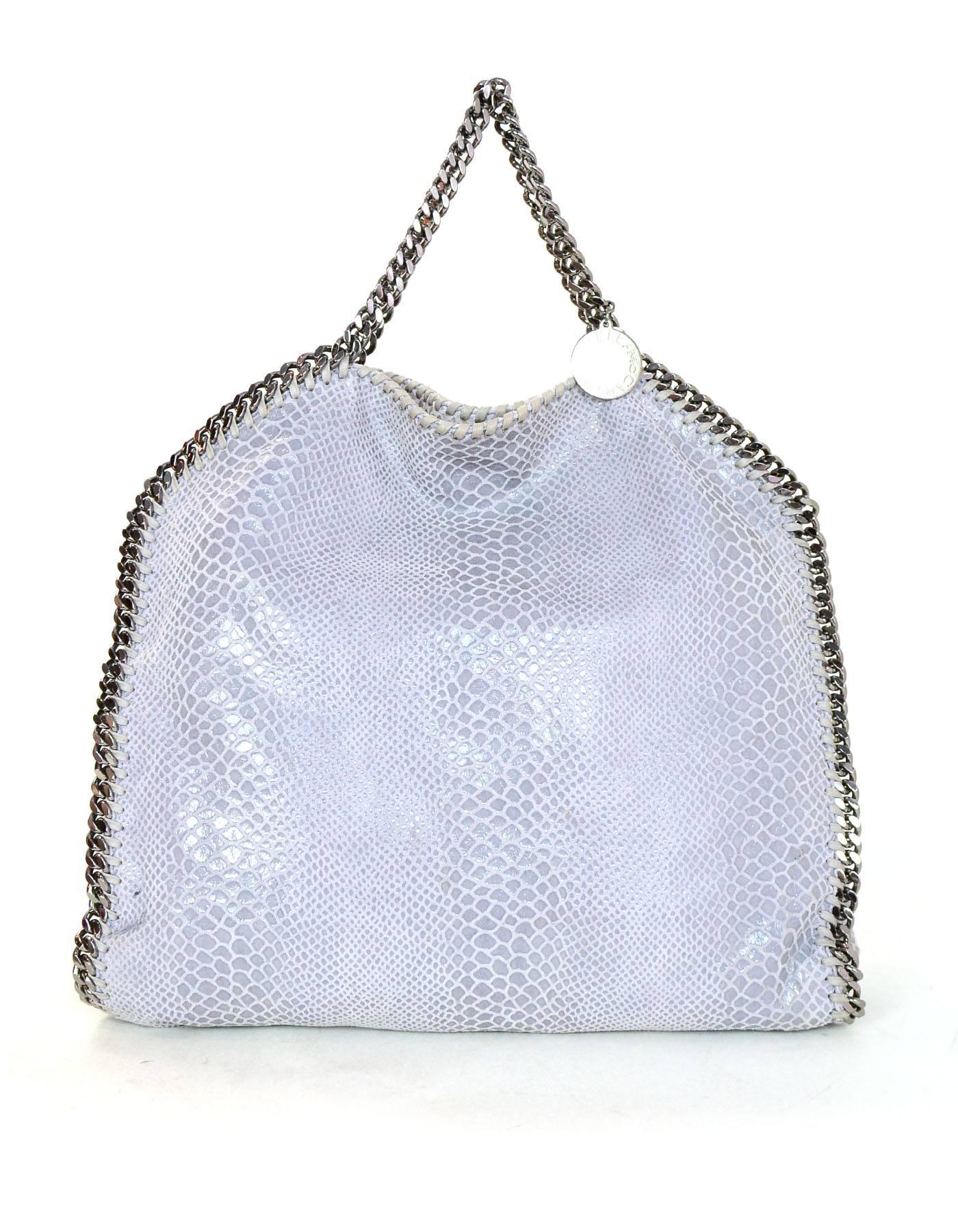 Stella McCartney Heather Grey Embossed Python Falabella Satchel

Made In: Italy
Color: Heather grey
Hardware: Silvertone
Materials: Vegan leather
Lining: Black textile 
Closure/Opening: Flap top with magnetic snap closure
Exterior Pockets: