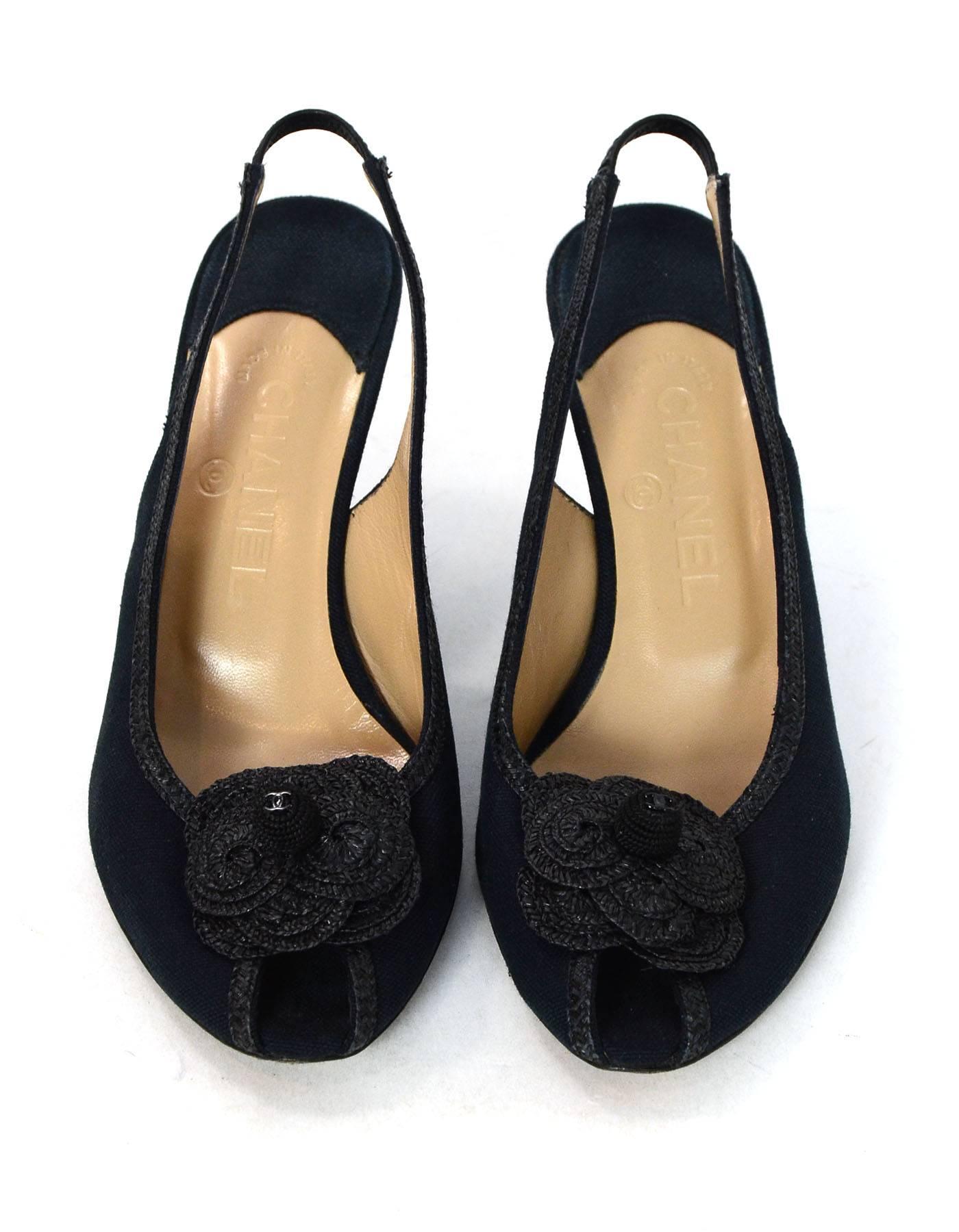 Chanel Black Canvas Peep-Toe Slingback Pumps Sz 38 In Excellent Condition In New York, NY