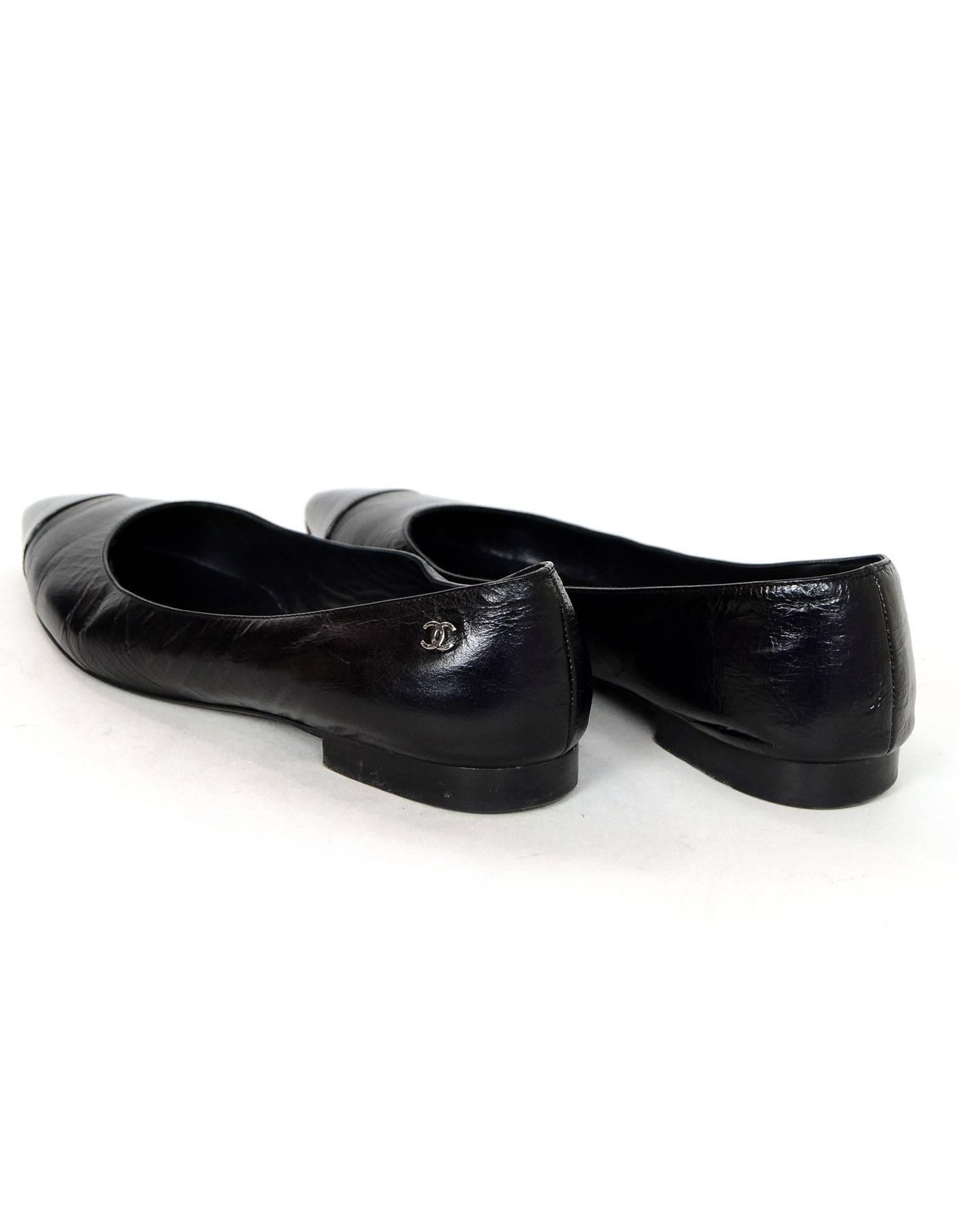 Women's Chanel Black Leather & Patent Cap-Toe Flats Sz 40.5