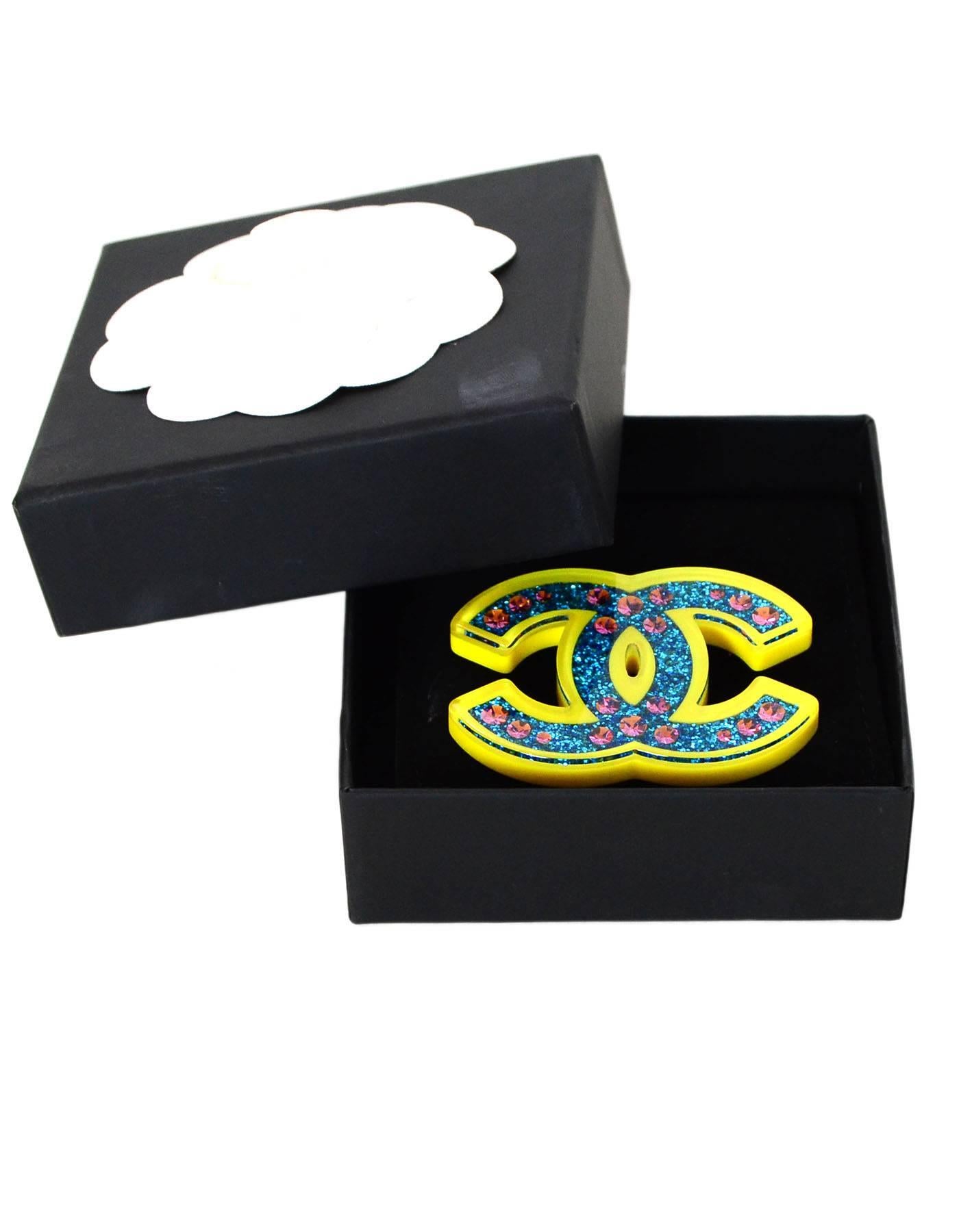 Chanel Blue & Yellow Glitter CC Brooch with Box 1