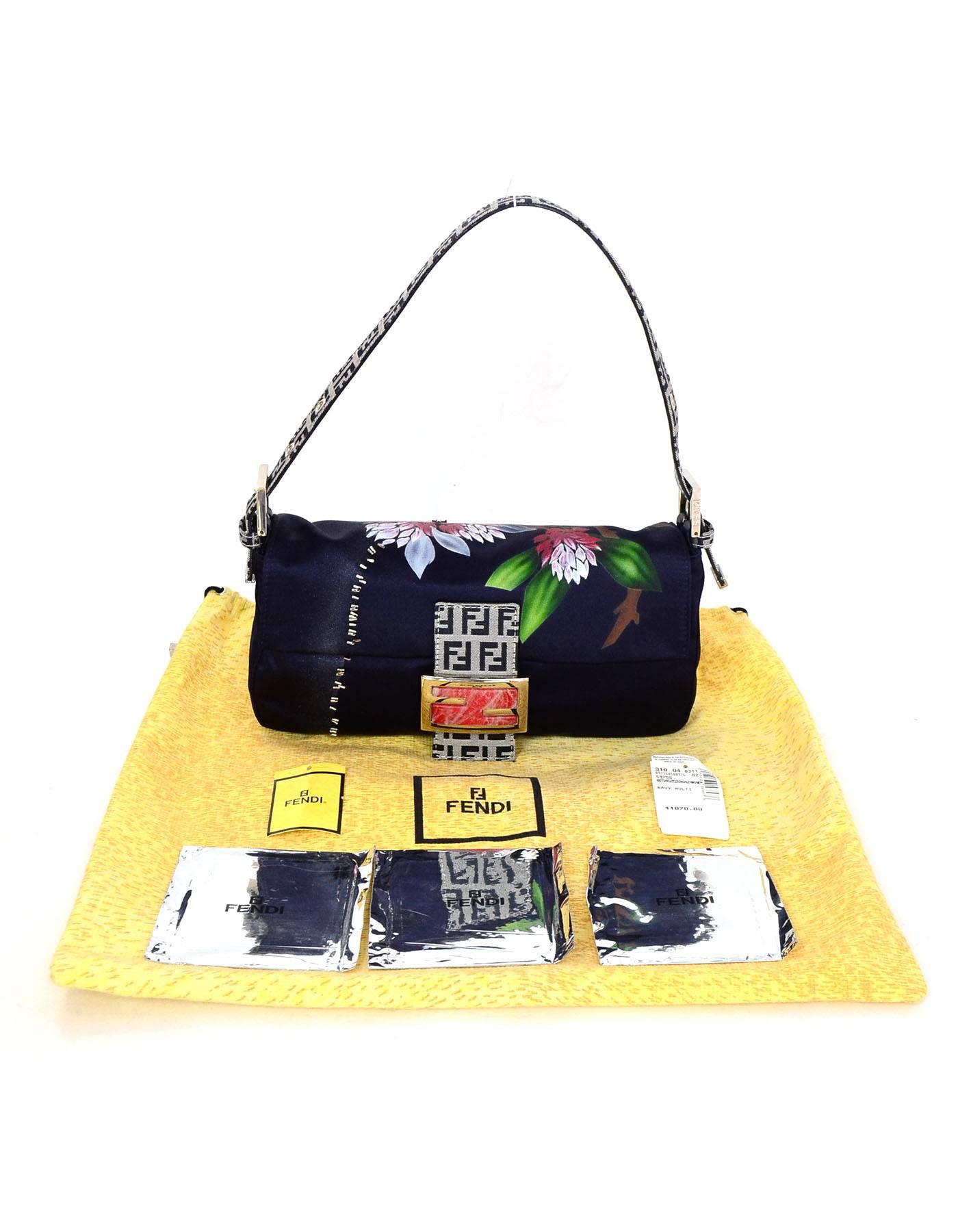 Fendi Navy Satin Floral Baguette Bag with Dust Bag 1