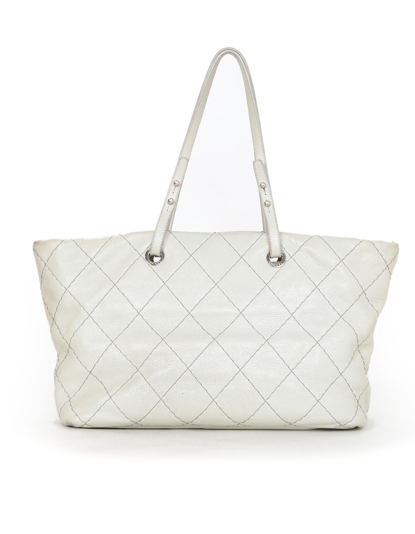 Gray Chanel Off-White Glazed Calfskin Large On The Road Tote Bag
