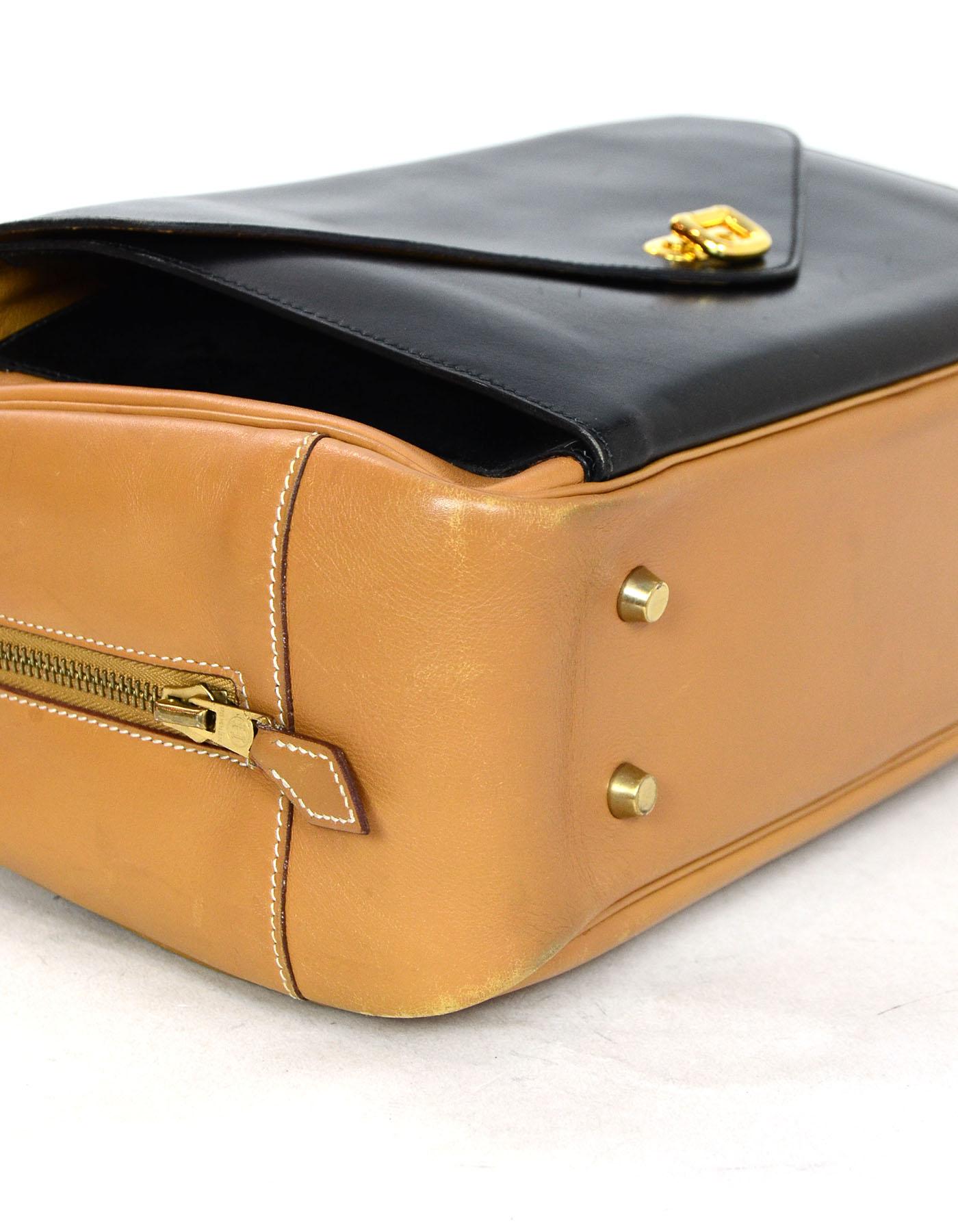 Hermes Vintage Tan & Black Top Handle Leather Handbag 1