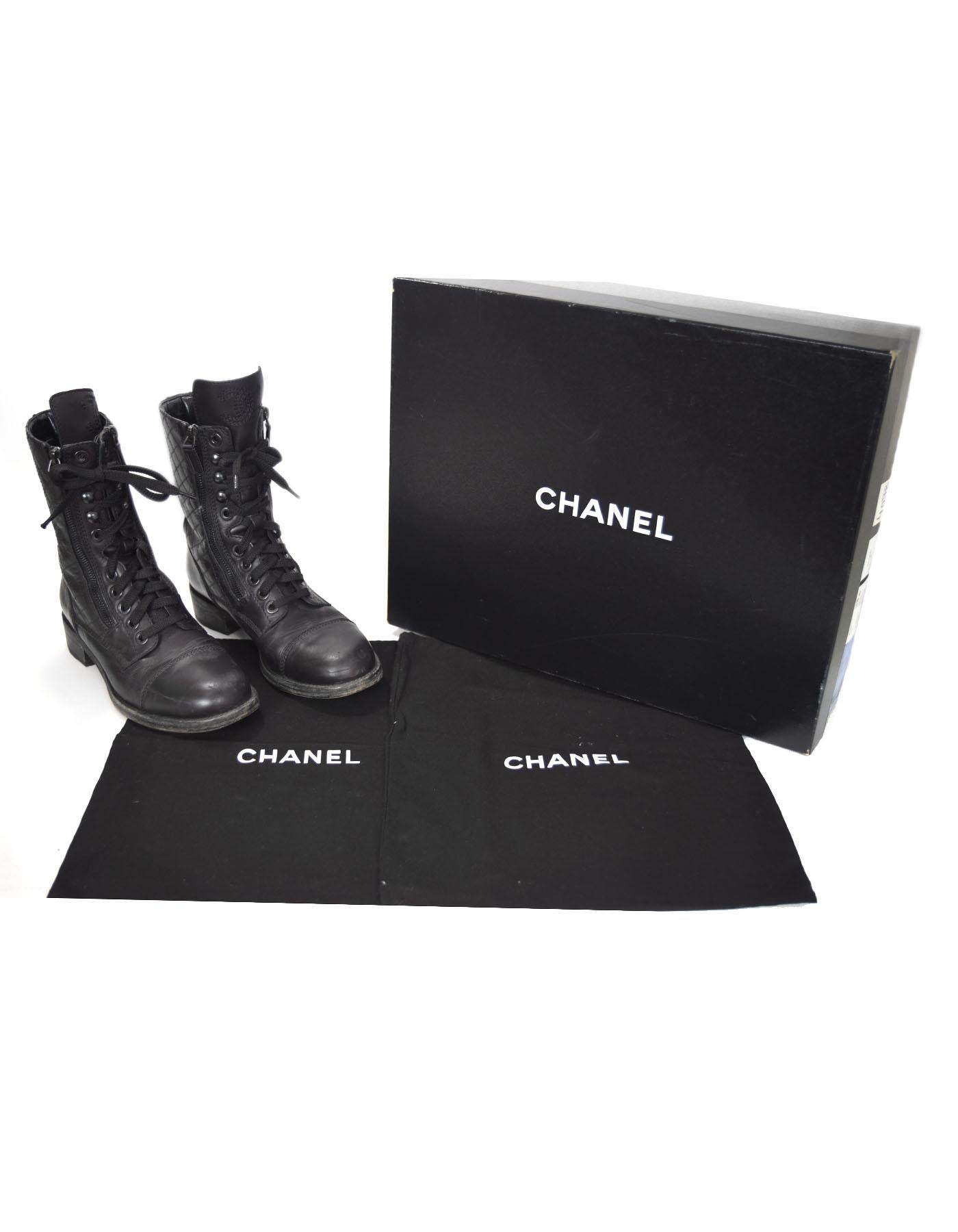 Chanel Black Quilted Leather CC Combat Boots Sz 38.5 w. Box & Dust Bag 1