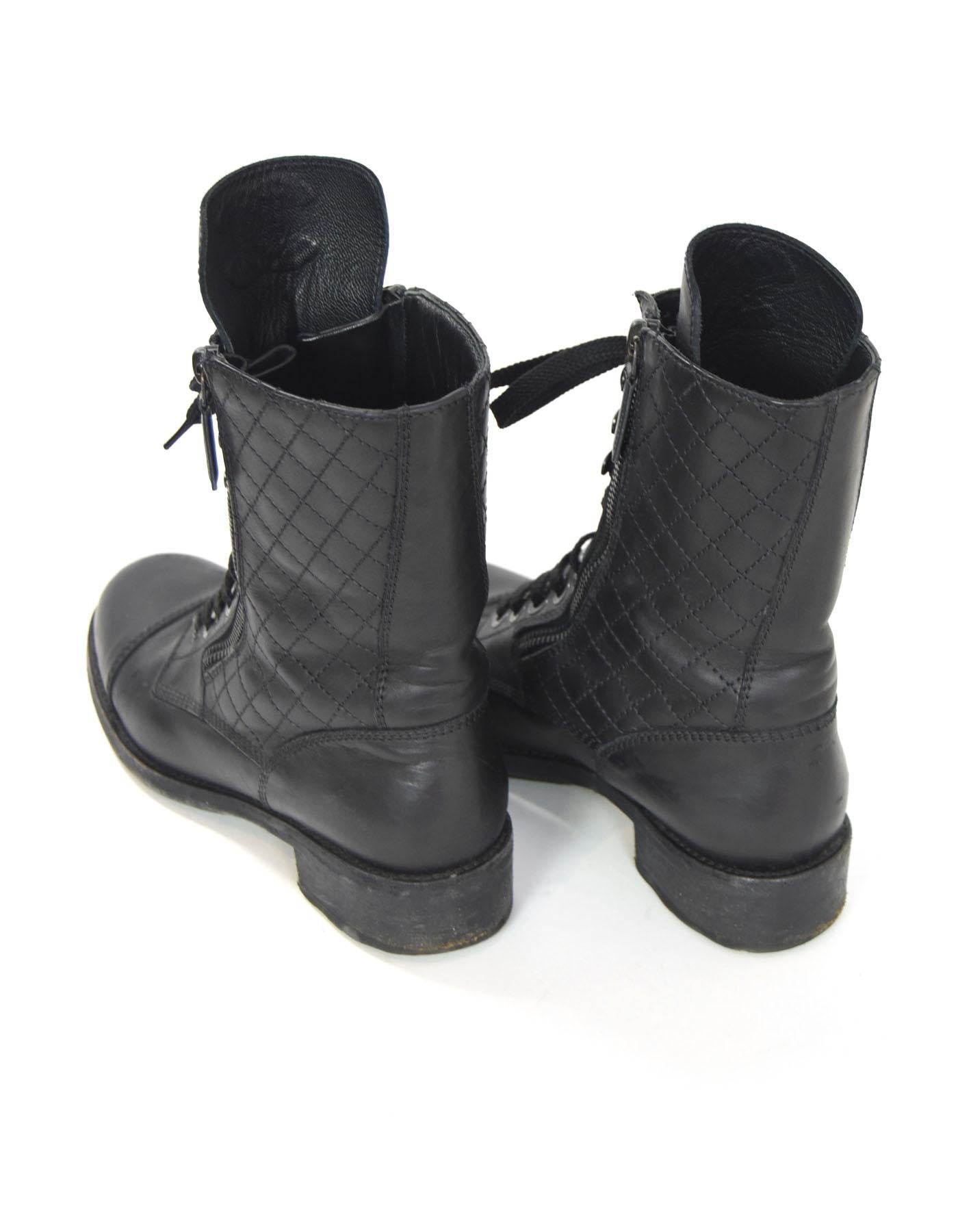 Chanel Black Quilted Leather CC Combat Boots Sz 38.5 w. Box & Dust Bag In Excellent Condition In New York, NY