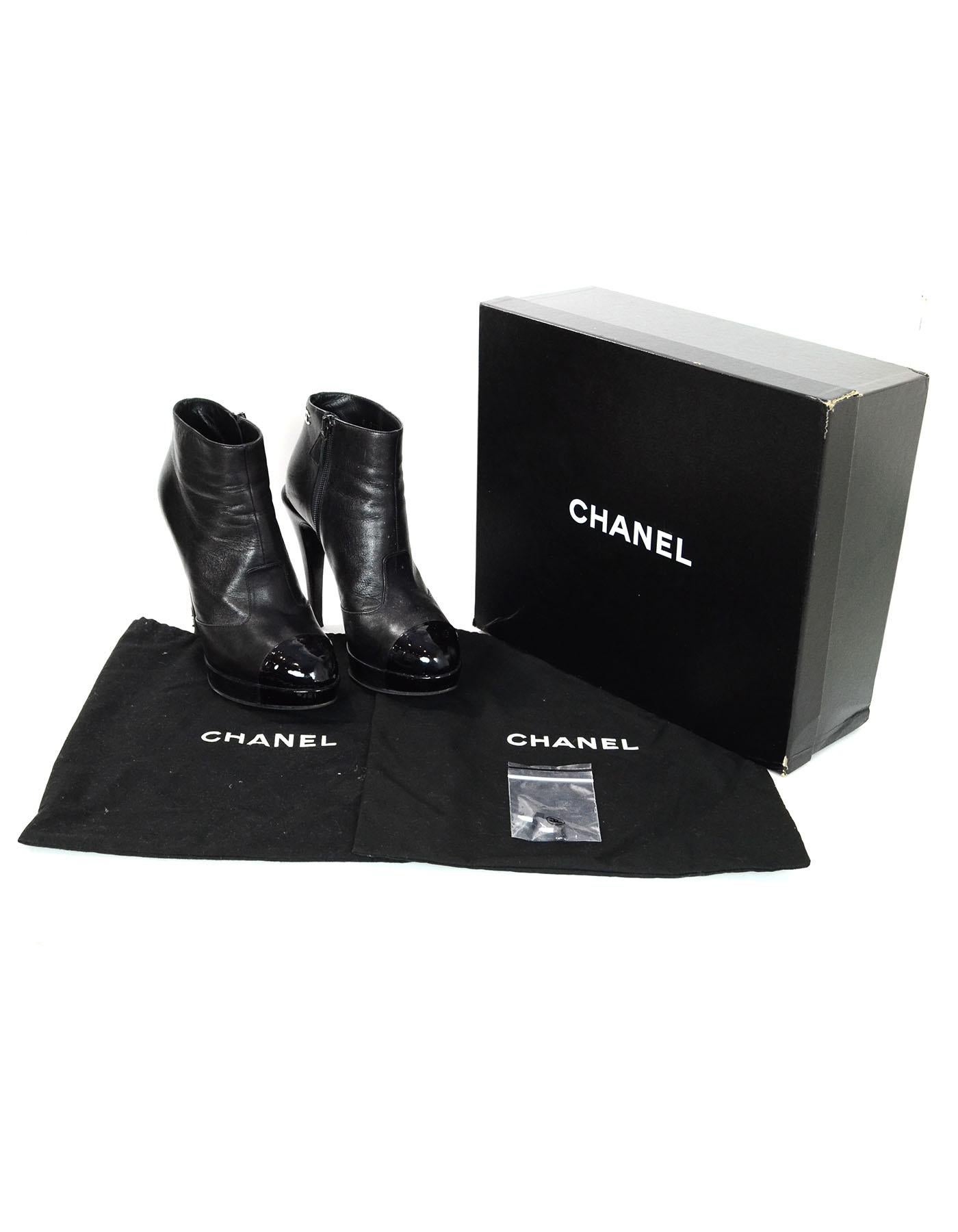 Chanel Black Leather & Patent Cap-Toe Ankle Boots Sz 38.5 with Box, DB 3