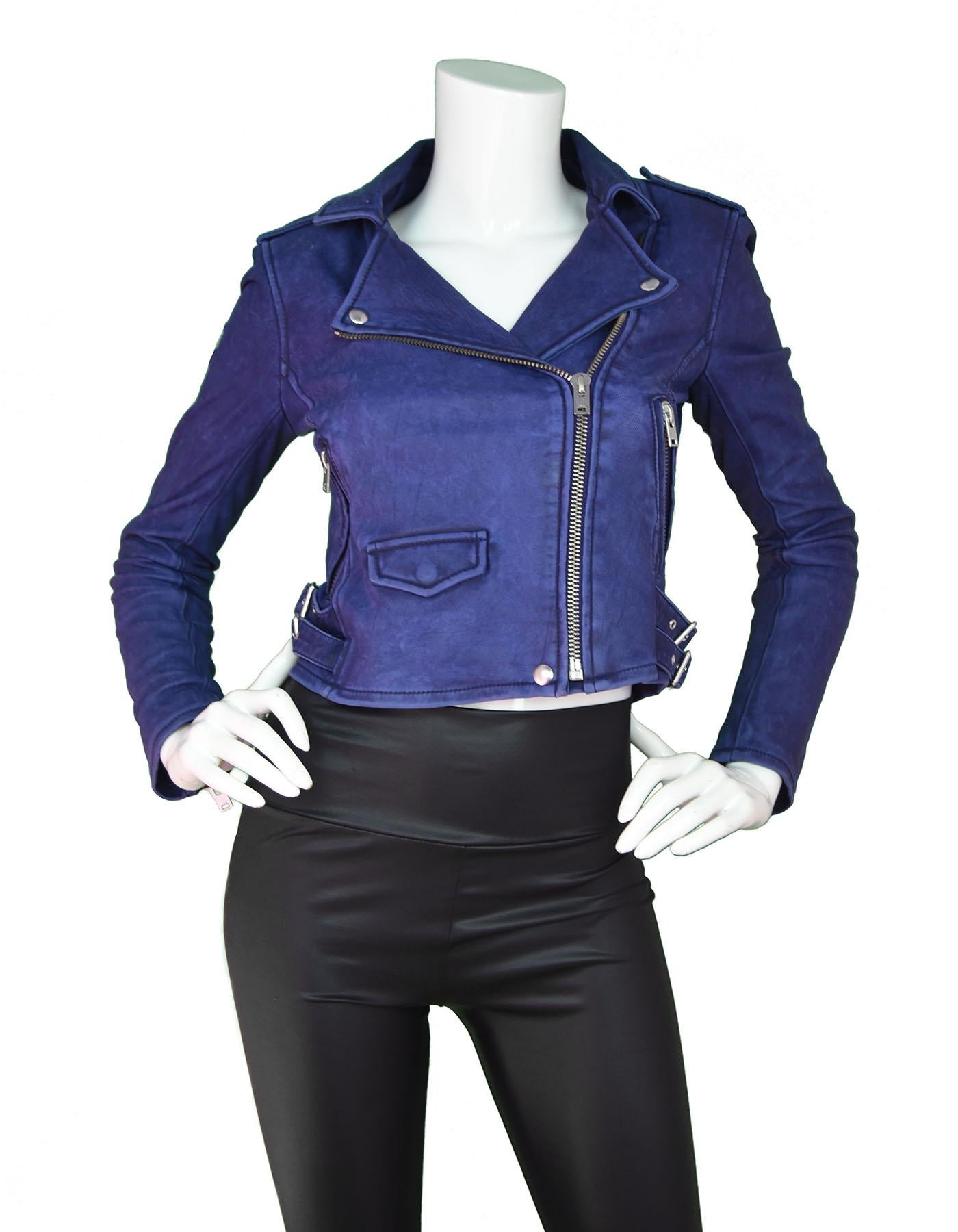 IRO Indigo Leather Ashville Moto Jacket Sz FR36 NWT

Made In: China
Color: Distressed Indigo (blue/purple)
Composition: 100% Lamb leather
Closure/Opening: Front zip 
Exterior Pockets: Side zip pockets
Interior Pockets: None
Retail Price: $1,200 +