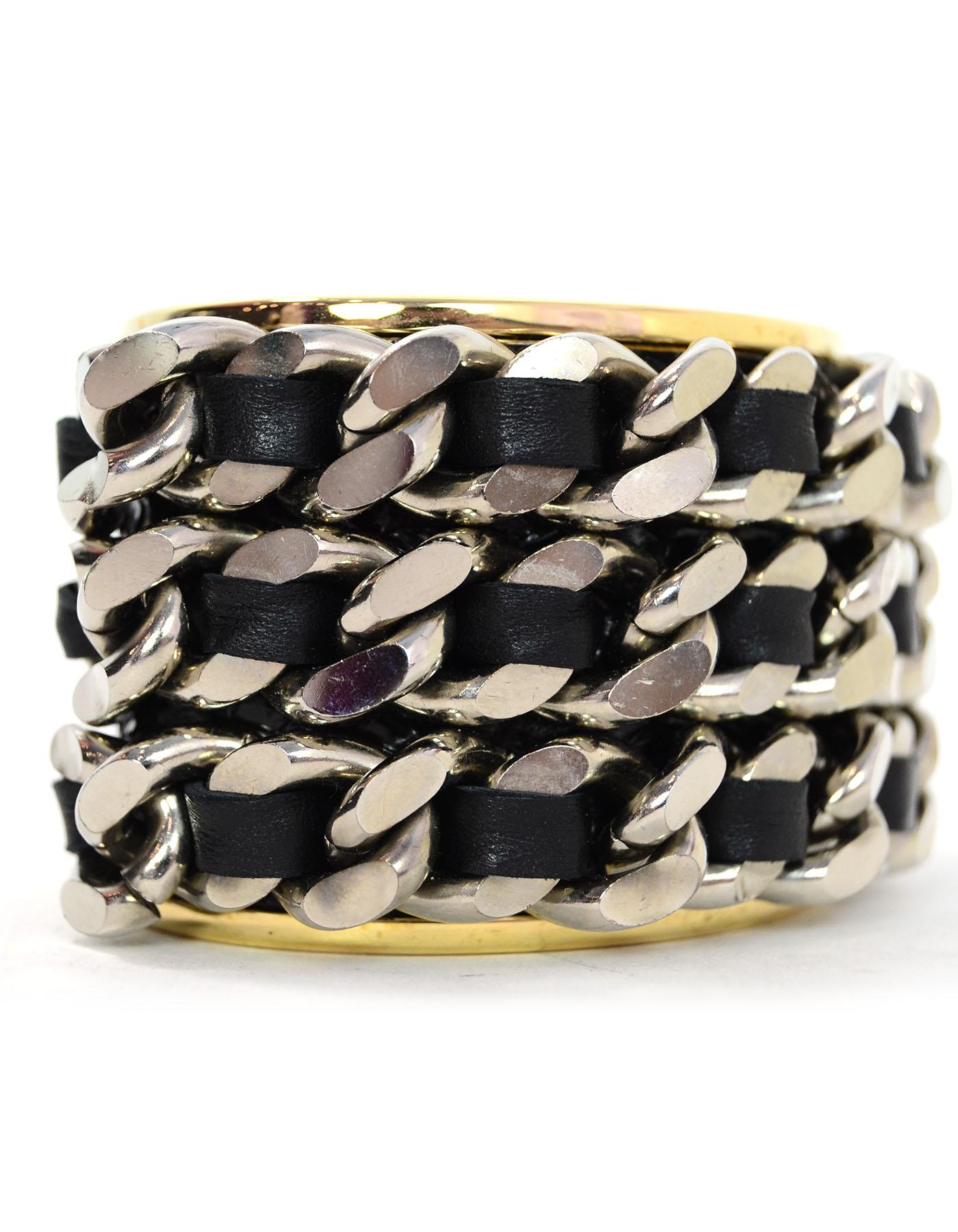 Stamerra Black Leather Chain-Link Cuff Bracelet with Box & Dust Bag In Excellent Condition In New York, NY