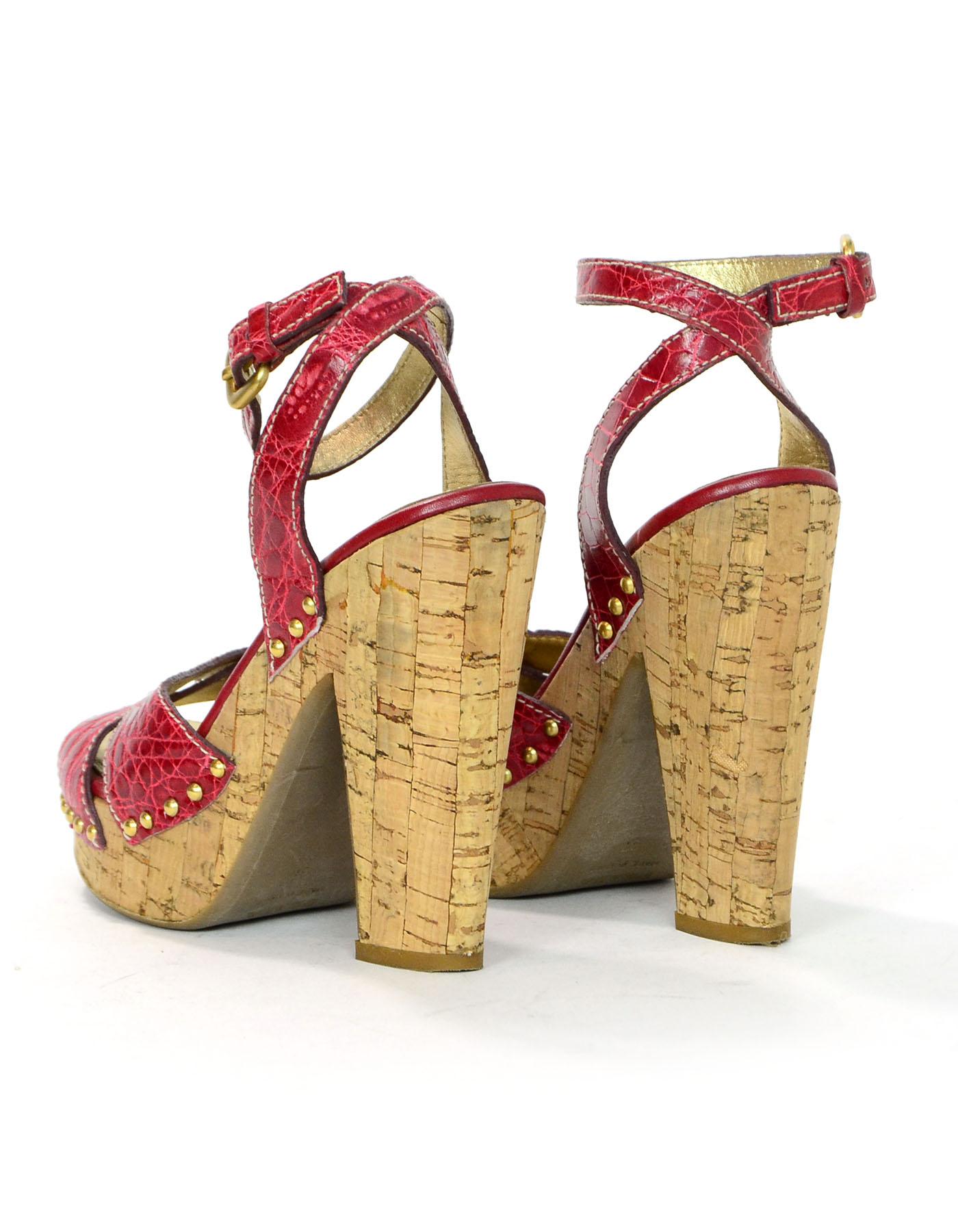 Prada Red Crocodile & Cork Sandals Sz 37 In Excellent Condition In New York, NY