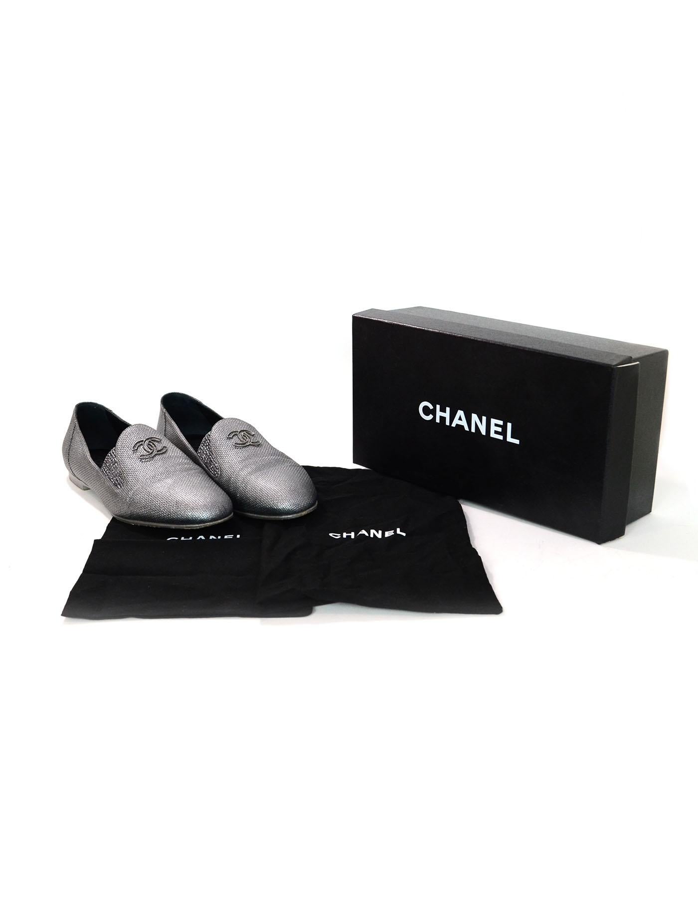 Chanel Dark Silver Raffia CC Loafers  2