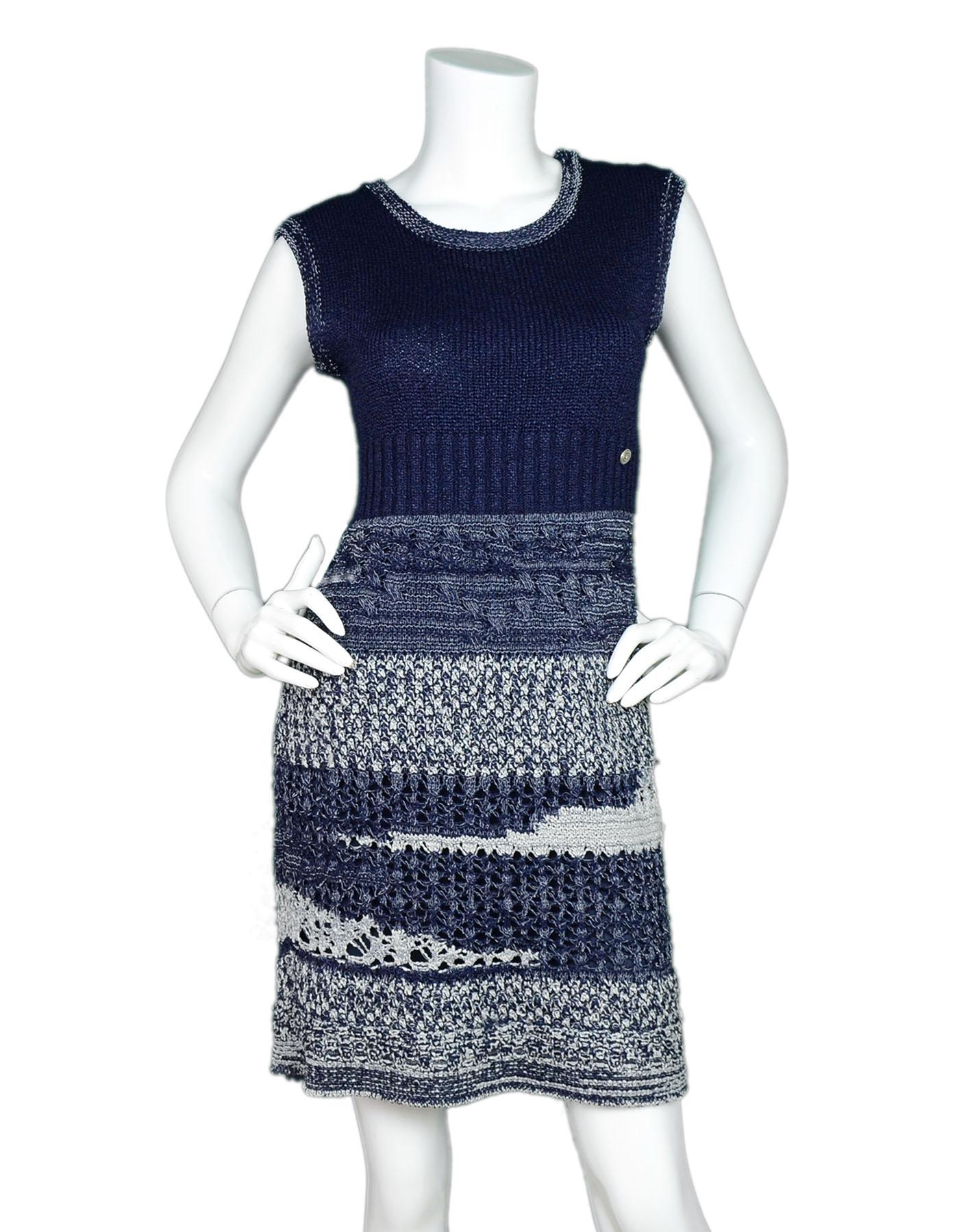 Chanel Navy & White Knit Dress Sz FR34

Features navy underslip

Made In: Italy
Color: Navy, white
Composition: 55% rayon, 18% nylon, 16% cotton, 6% tencel, 3% acrylic, 2% polyester
Lining: None
Closure/Opening: Pull-over
Exterior Pockets:
