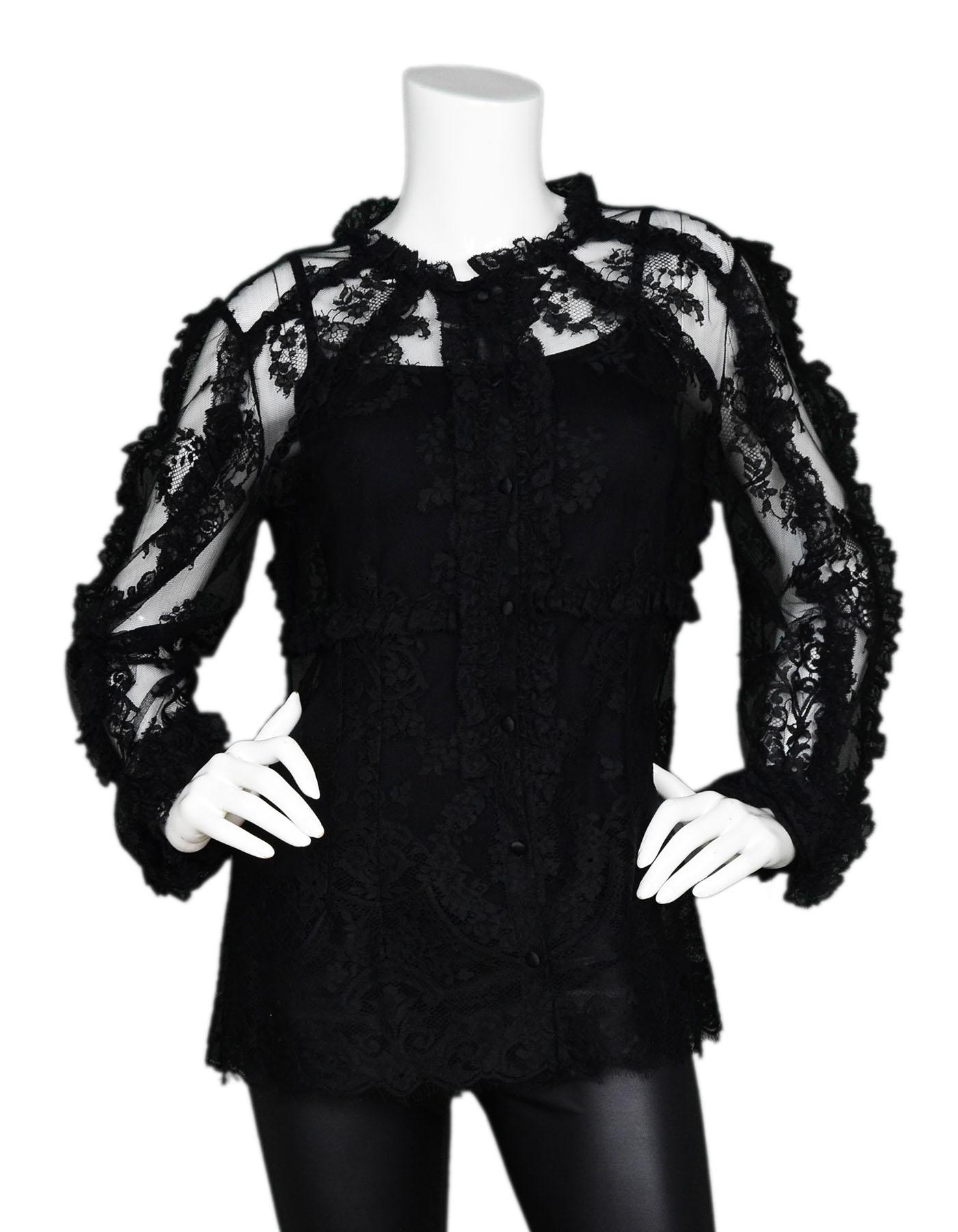 Dolce & Gabbana Black Ruffle Lace Top Sz IT46 NWT

Made In: Italy
Color: Black 
Composition: 70% cotton, 30% nylon
Closure/Opening: Front button closure
Exterior Pockets: None
Interior Pockets: None
Overall Condition: Excellent pre-owned condition -