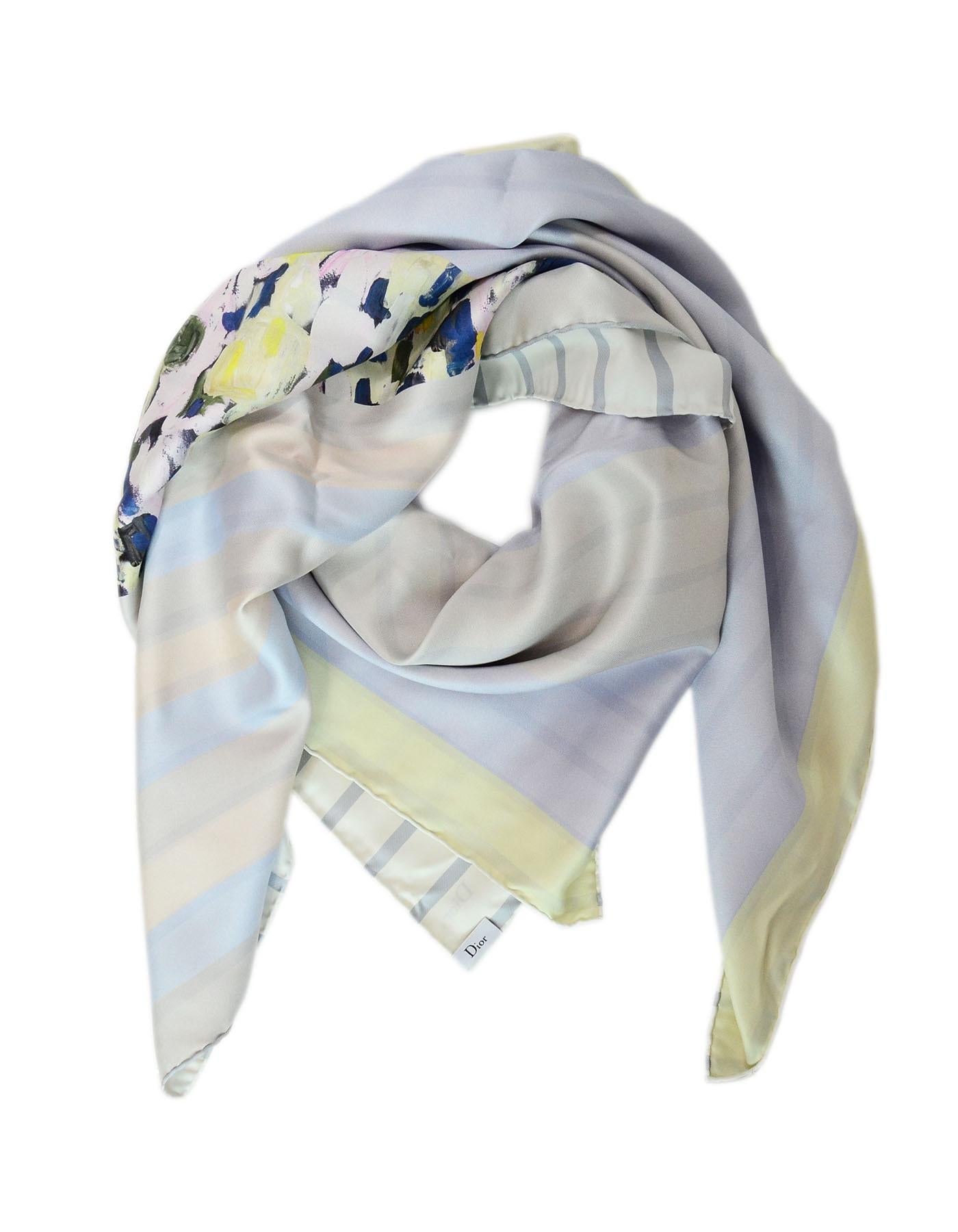 Christian Dior Pastel Stripe & Watercolor Design Scarf

Color: Blue, ivory, yellow, pink
Composition: Not given- believed to be 100% silk
Overall Condition: Excellent pre-owned condition
Included: Christian Dior gift receipt

Measurements: 
Length: