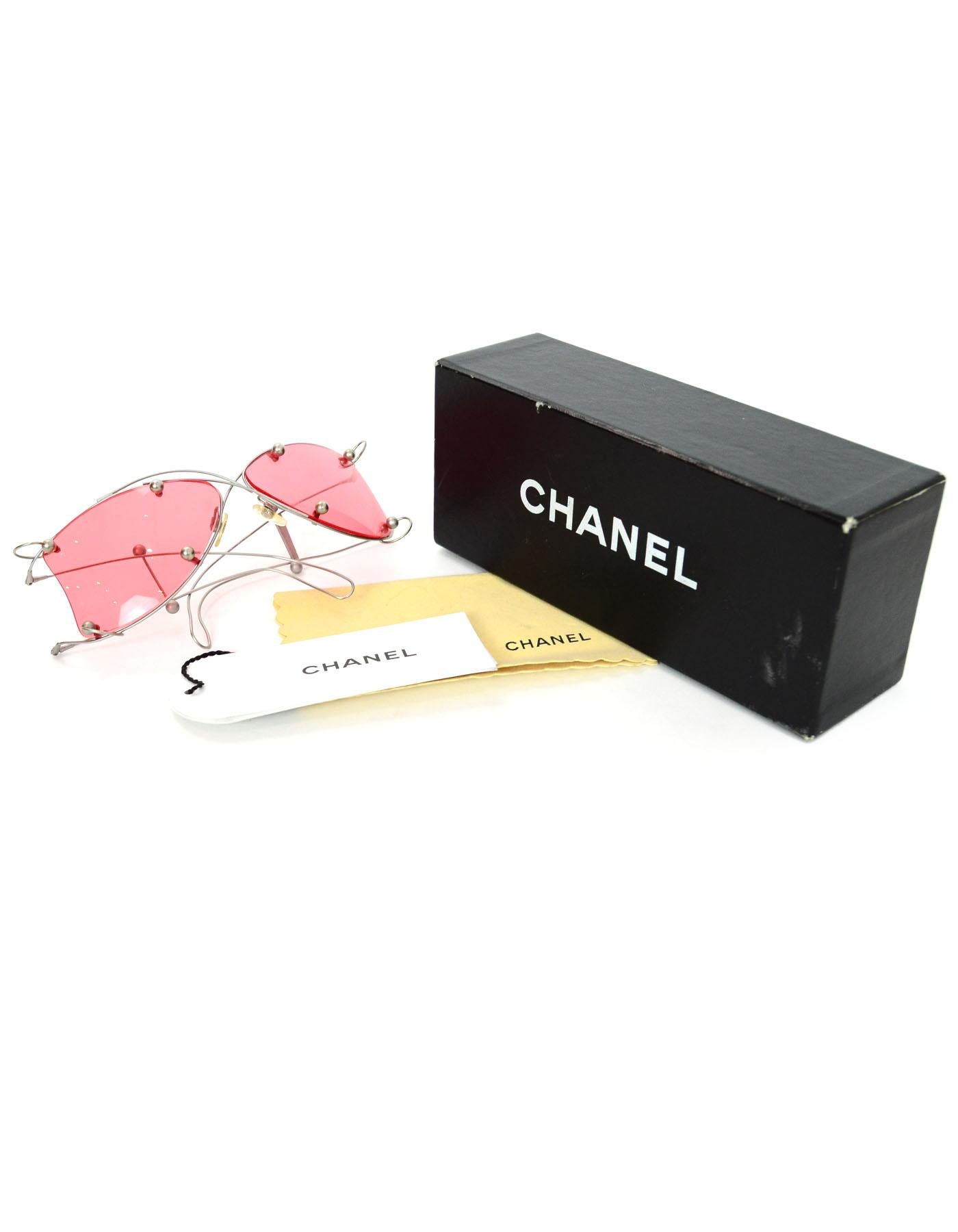 Chanel Runway Wire-Frame and Pierced Pink Lens Sunglasses with Box In Good Condition In New York, NY