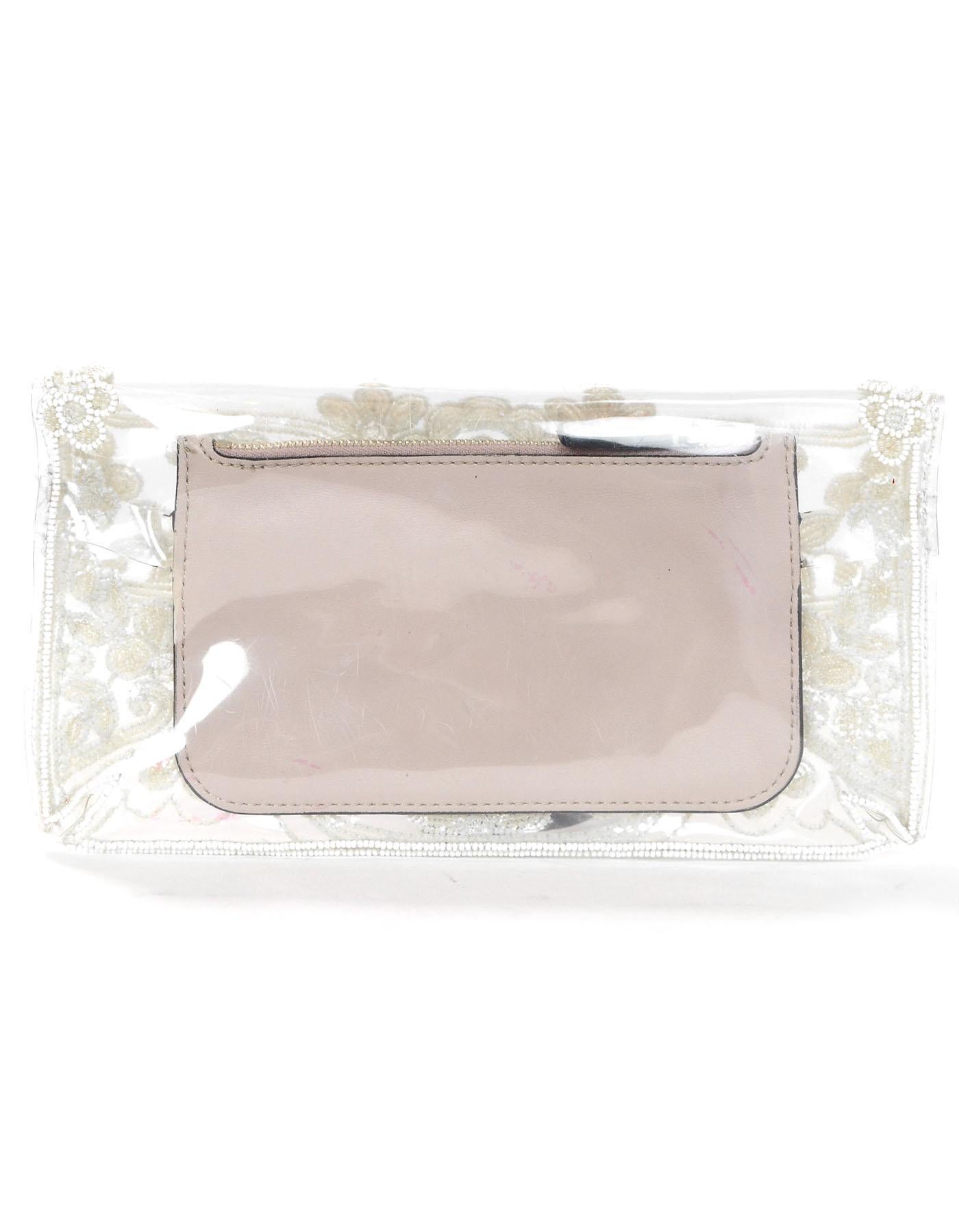 Beige Valentino Clear PVC and White Beaded Clutch Bag