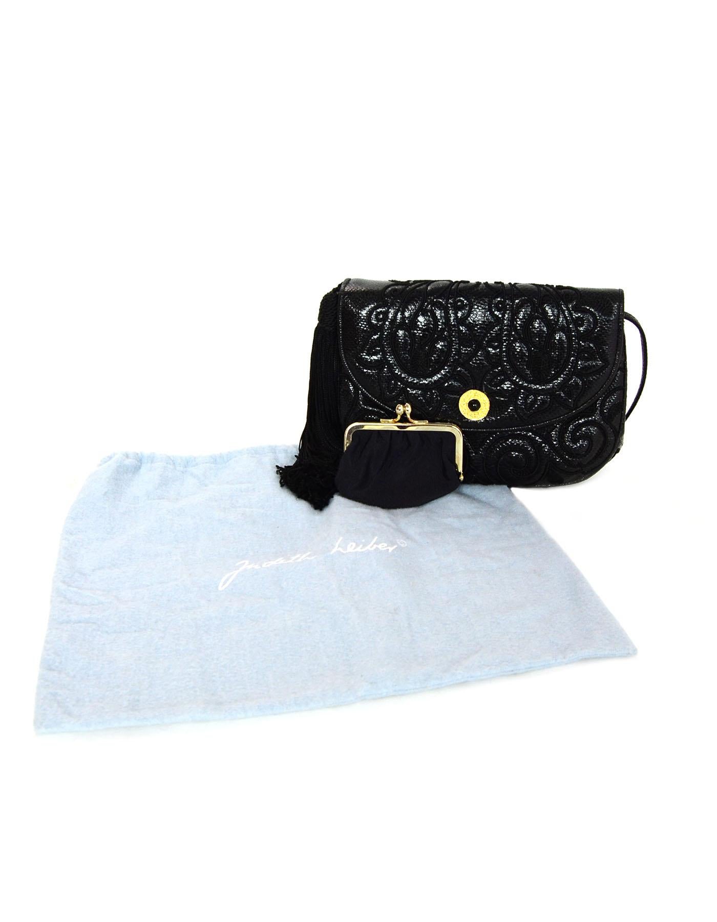  Judith Leiber Vintage Embroidered Black Lizard Clutch/ Crossbody Bag 3