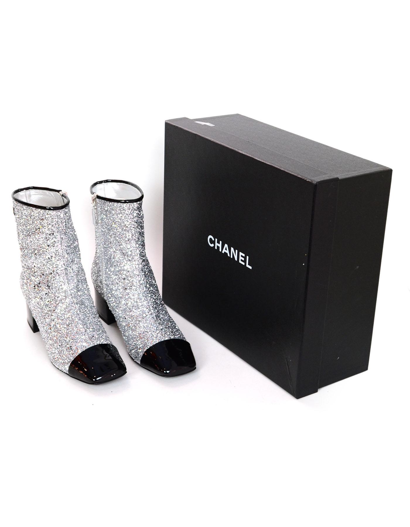 Gray Chanel Silver Glitter and Black Patent Cap-Toe Ankle Boots  