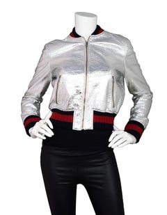 Gucci 2016 Resort Runway Silver Crackled Leather Bomber Jacket w. Web