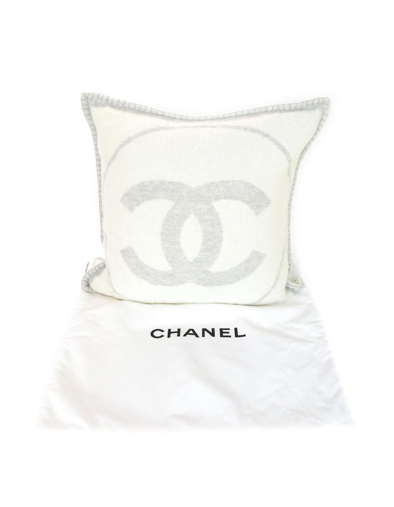 CHANEL Merino Wool Cashmere CC Pillow White Navy Blue 202040