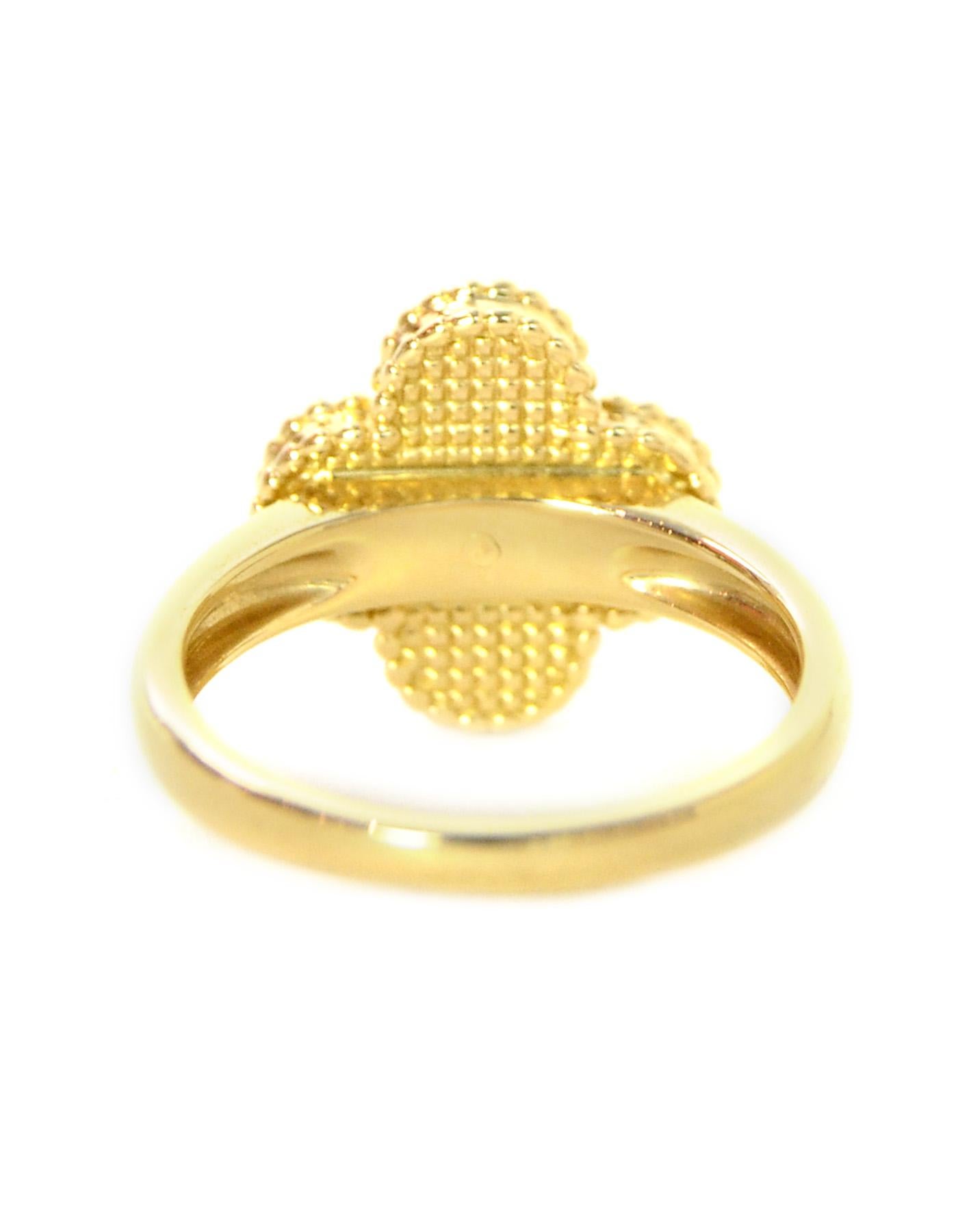 Van Cleef & Arpels Vintage Alhambra Ring
Features textured yellow gold Alhambra clover lead with .06 carat round diamond

Year of Production: 2018
Color: Gold
Materials: 18k yellow gold and diamond
Stamps: VCA Au750 54 JA050351
Includes: Van Cleef