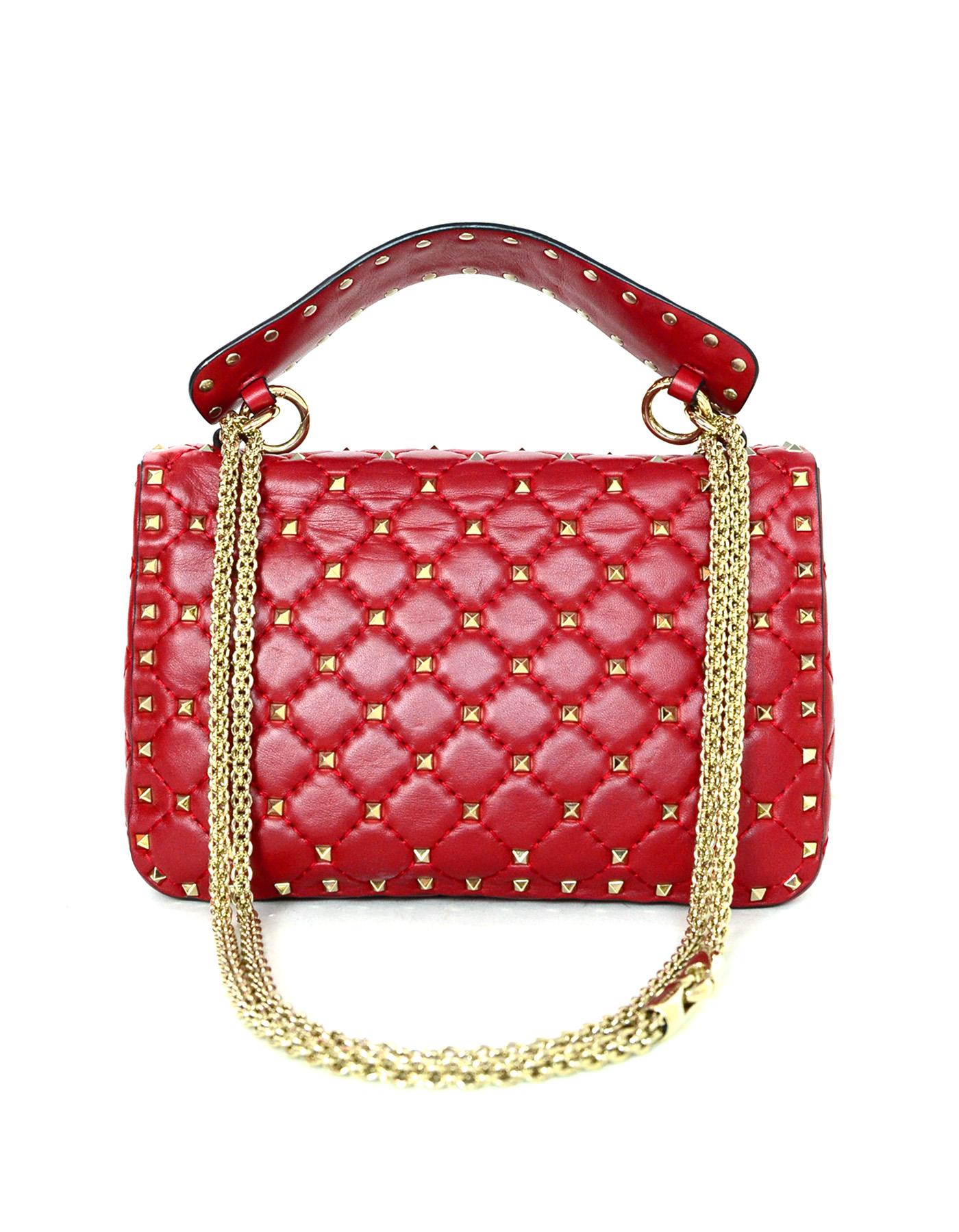 Valentino Red Leather Medium Rockstud Spike Bag
Chain strap can be worn singled as a crossbody, doubled on the shoulder, or the handle can be used for a handbag style

Made In: Italy
Year of Production: 2016
Color: Red
Hardware: Goldtone
Materials: