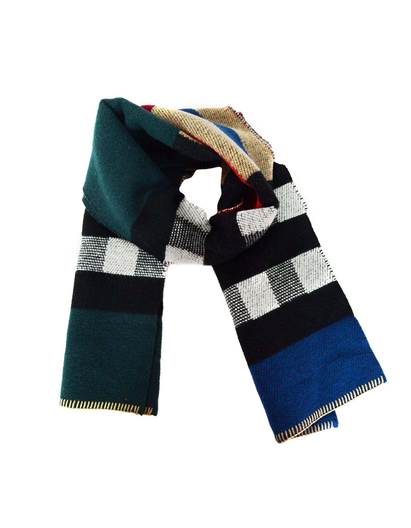 Burberry Wool Cashmere Patchwork Blanket Scarf

Made In: Scotland
Color: Multicolor-brown, black, orange, green, 
Composition: 85% wool 15% cashmere
Overall Condition: Excellent pre-owned condition.  Light pilling and missing composition