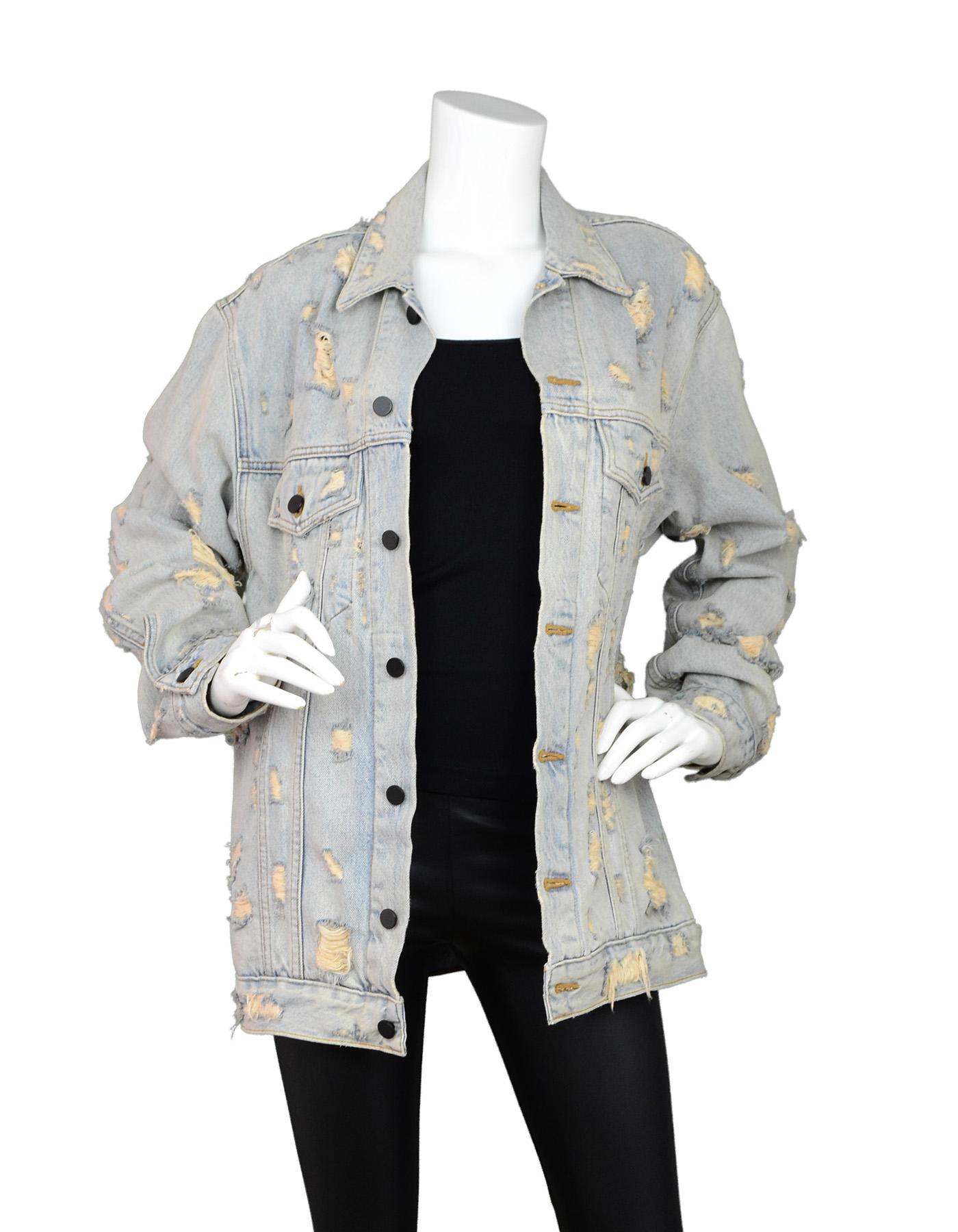 Alexander Wang Light Blue Daze Scratch Oversized Denim Jacket 
Features distressed look with holes througout and black buttons

Made In: USA
Color: Light blue/ 